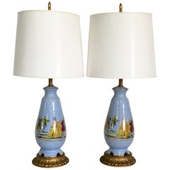 Midcentury Pair of French Blue and Gilt Porcelain Decalcomania Lamps
