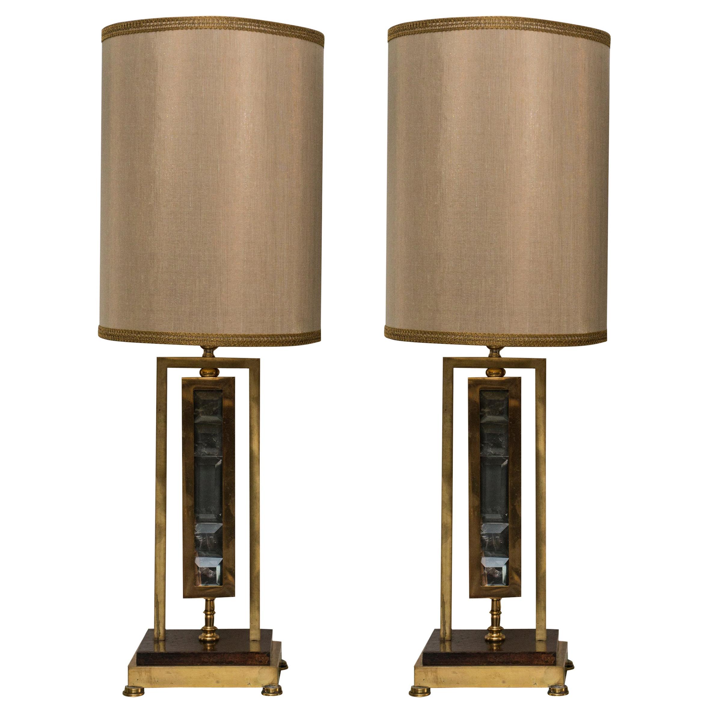 Midcentury Pair of French Gold Bronze and Smoky Quartz Lamps