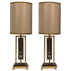 Midcentury Pair of French Gold Bronze and Smoky Quartz Lamps