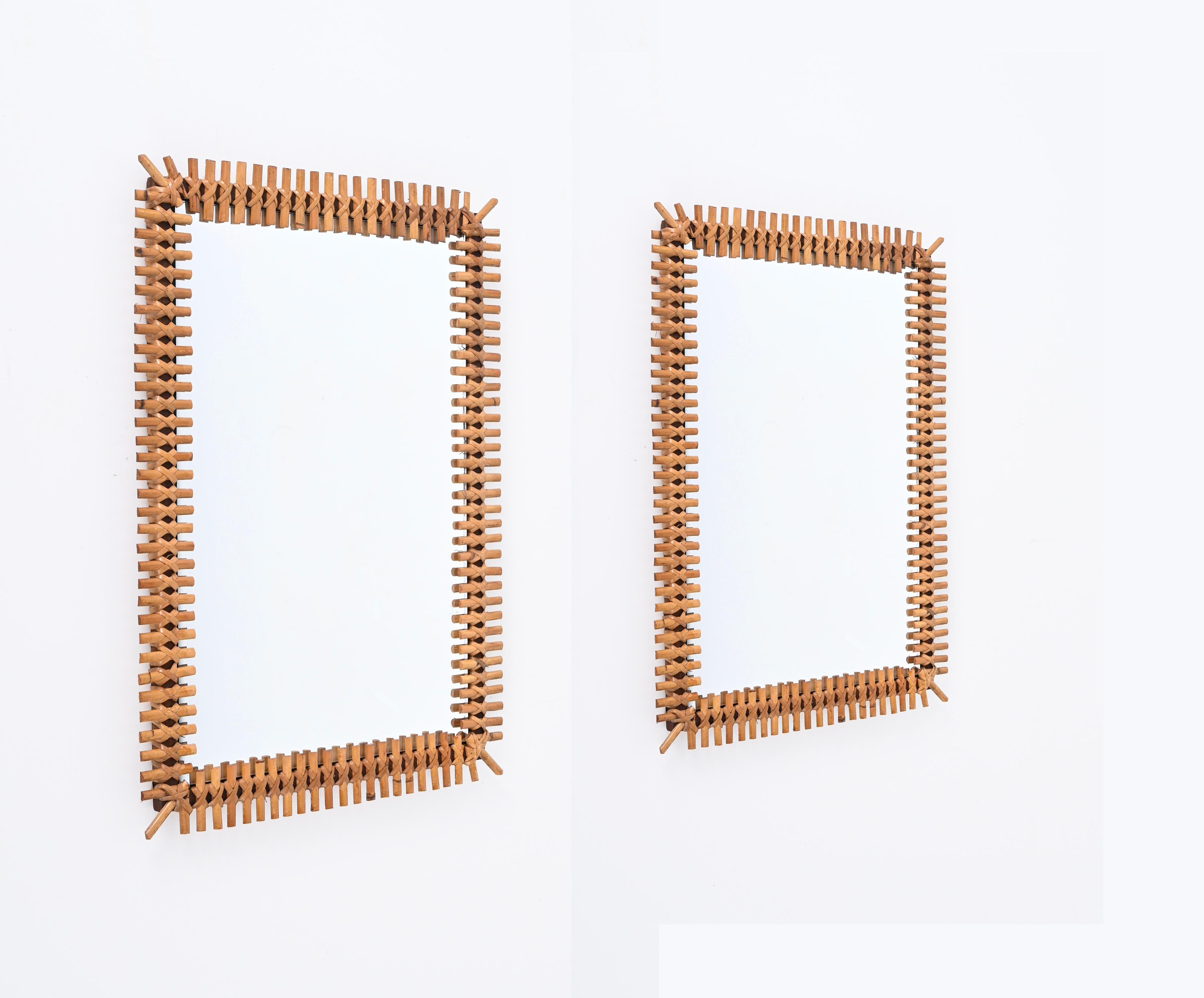 Mid-Century Modern Midcentury Pair of French Riviera Bamboo and Rattan Rectangular Mirrors, 1970s