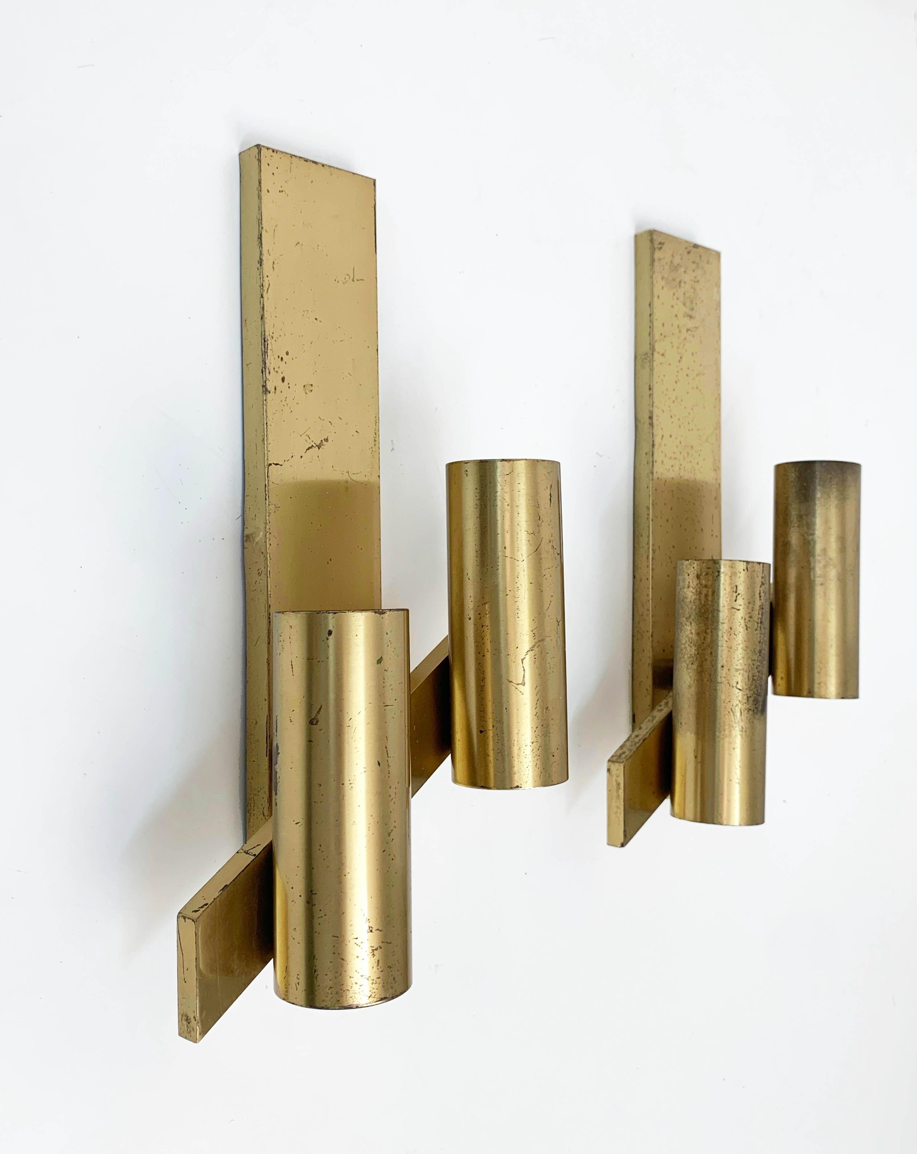 Midcentury Pair of Gaetano Sciolari Brass Italian Wall Sconces, 1960s For Sale 5