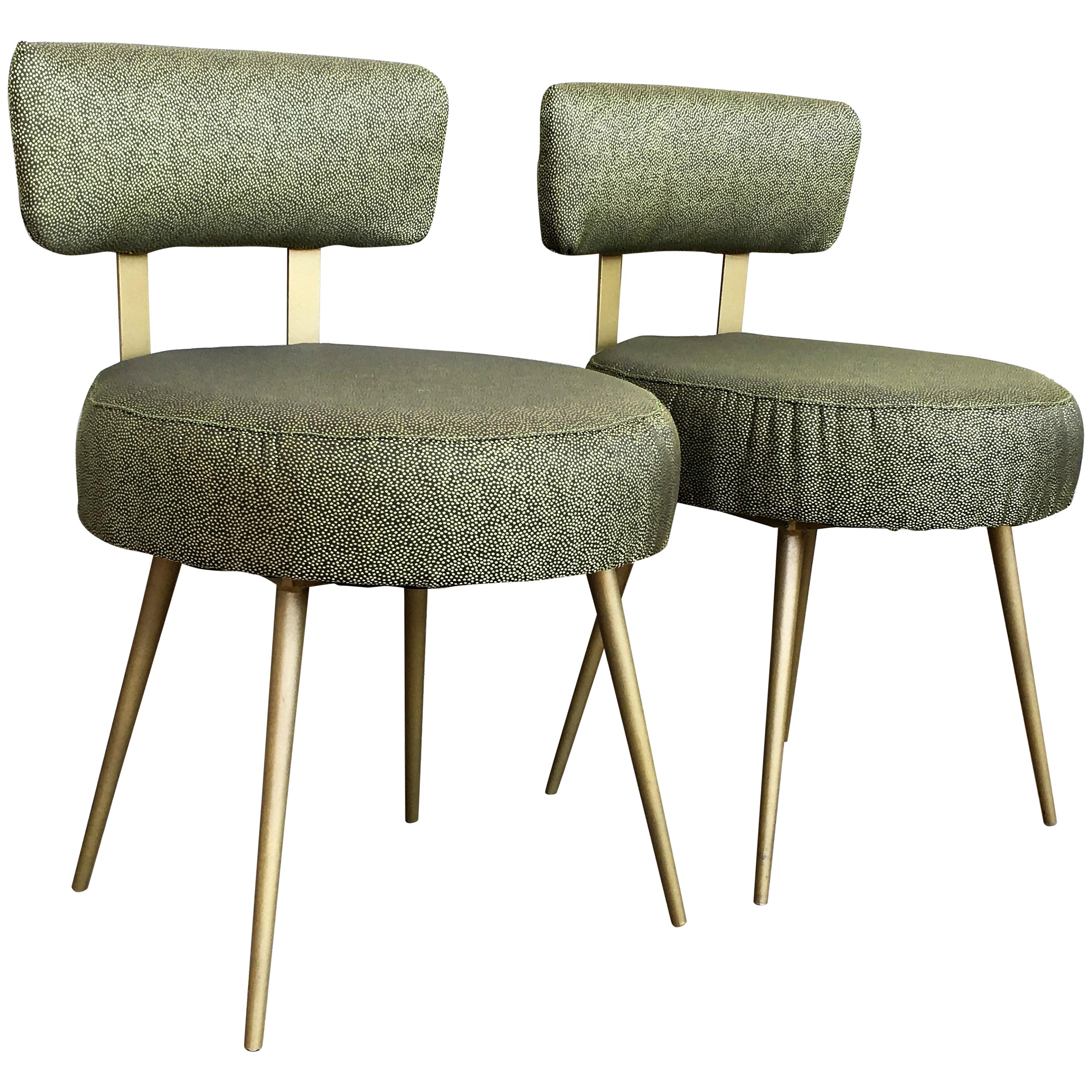 Midcentury Pair of Green and Gilded Round Stools with Back