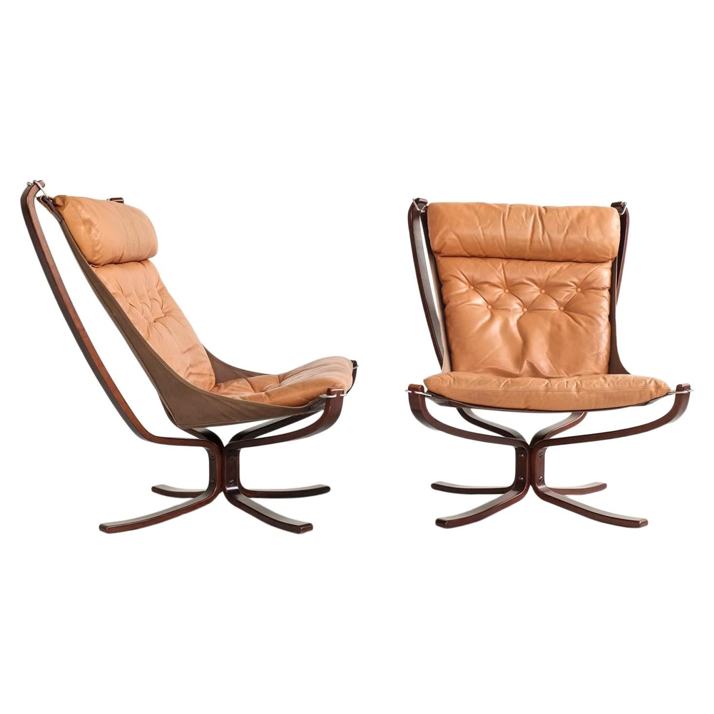 Midcentury Pair of High-Back Falcon Chairs by Sigurd Ressell for Vatne Møbler