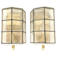 Midcentury Pair of Iron and Bubble Glass Wall Lights by Glashütte Limburg, 1960s