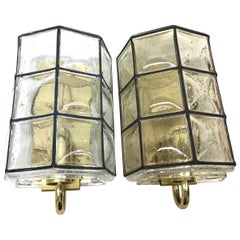 Midcentury Pair of Iron and Bubble Glass Wall Lights by Glashütte Limburg, 1960s