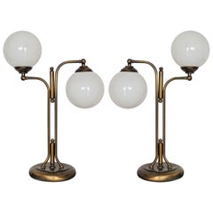 Midcentury Pair of Italian Brass Glass Articulated Double Arm Table Lamps