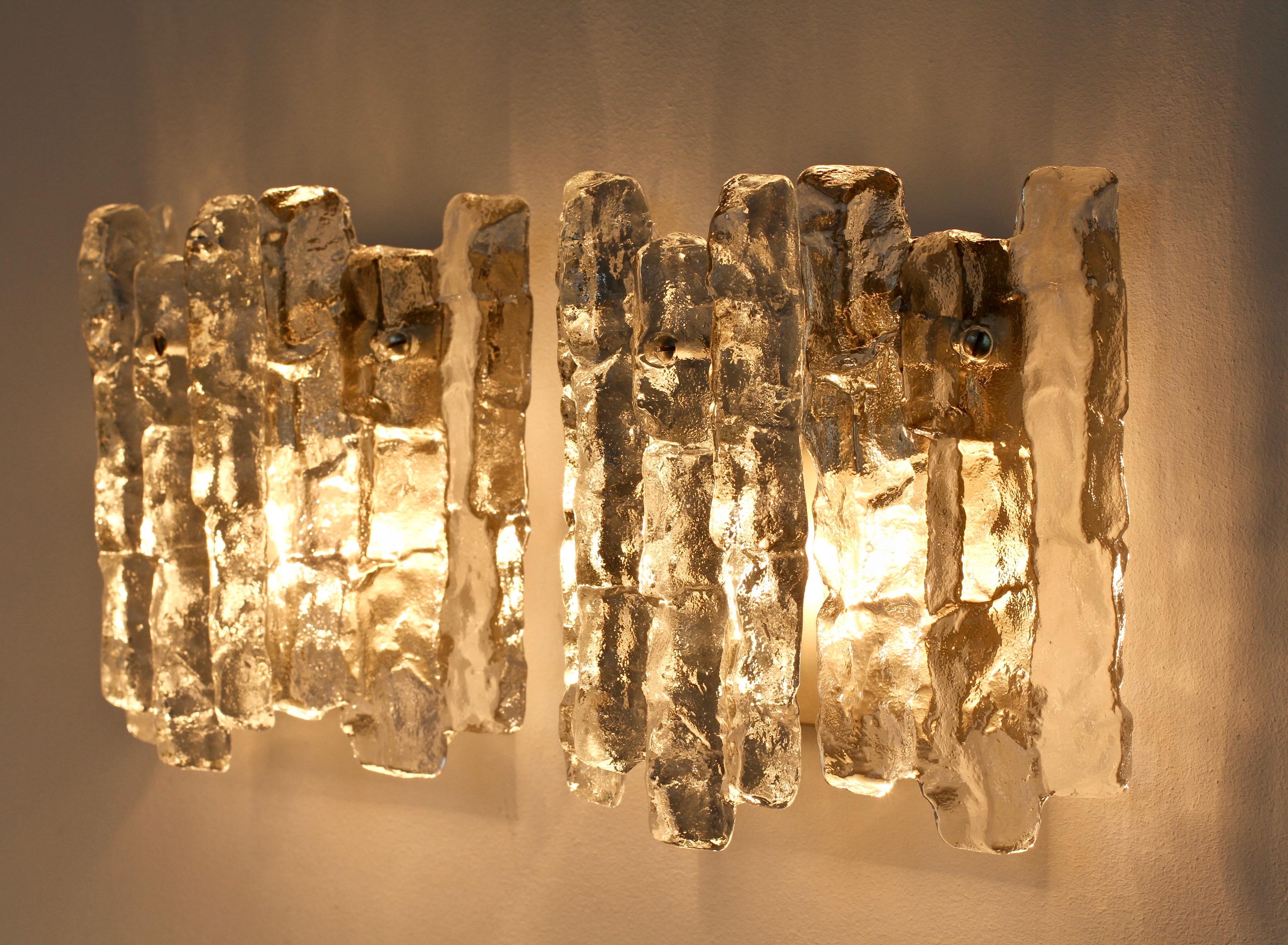 Mid-Century Modern Mid-Century Pair of Kalmar 1960s Clear Glass Ice Crystal Wall Lights or Sconces