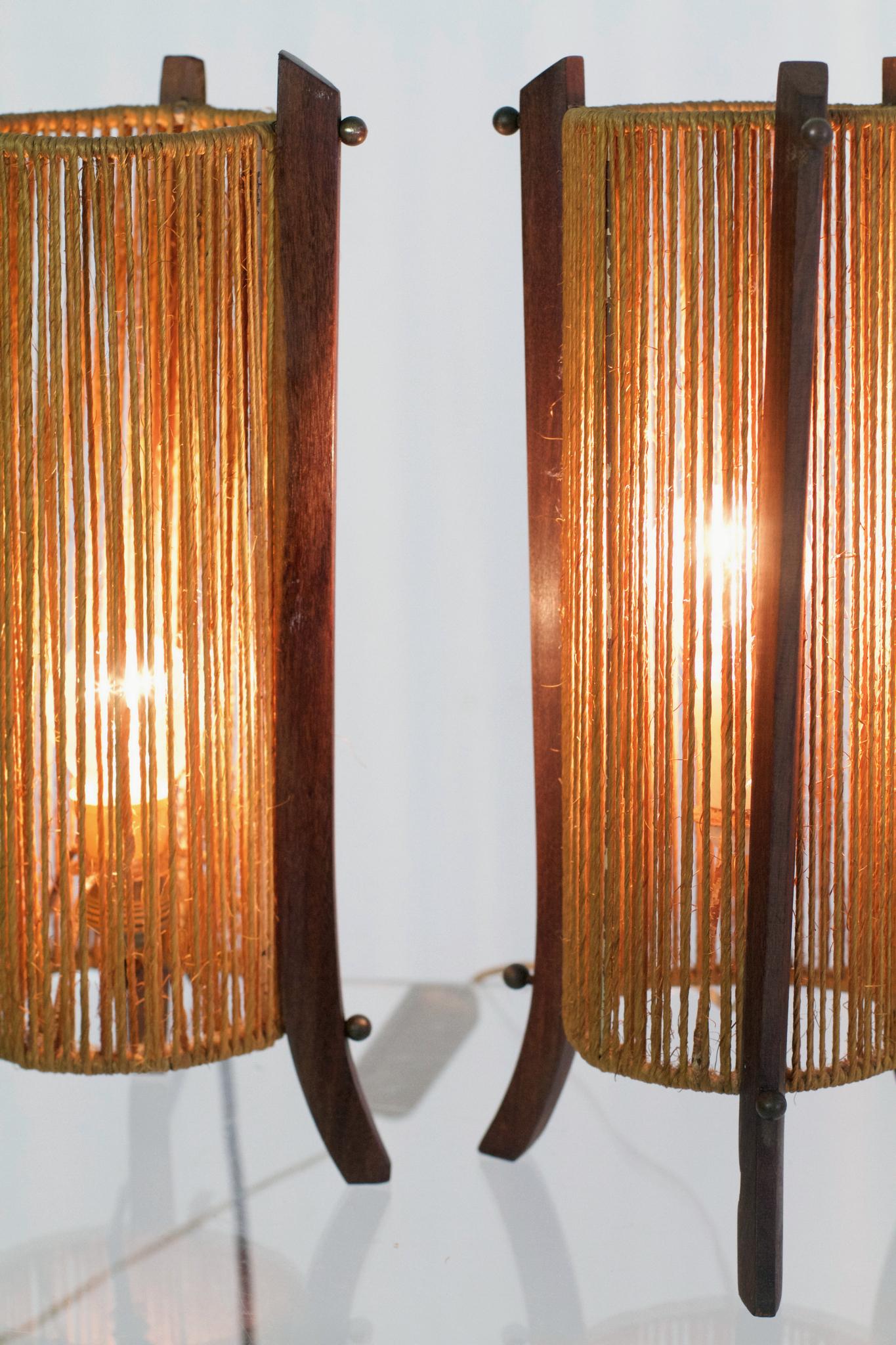 Cord Midcentury Pair of Lamps in Teak Made in Italy