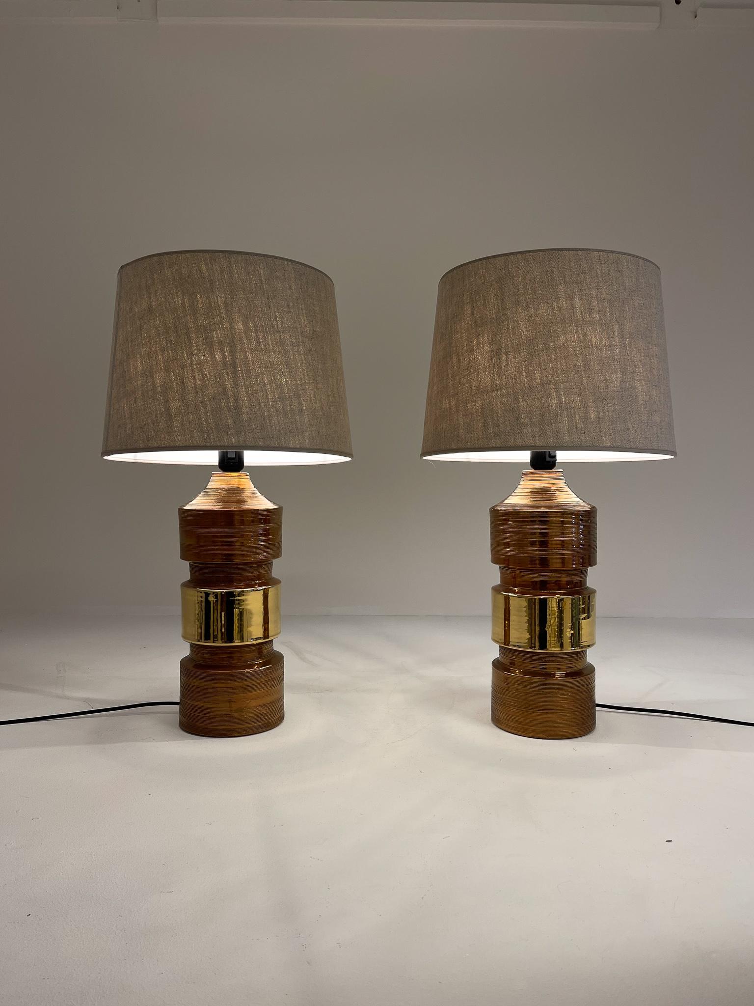 Midcentury Pair of Large Brass Bergboms Bitossi Table Lamps, 1960s, Sweden For Sale 1