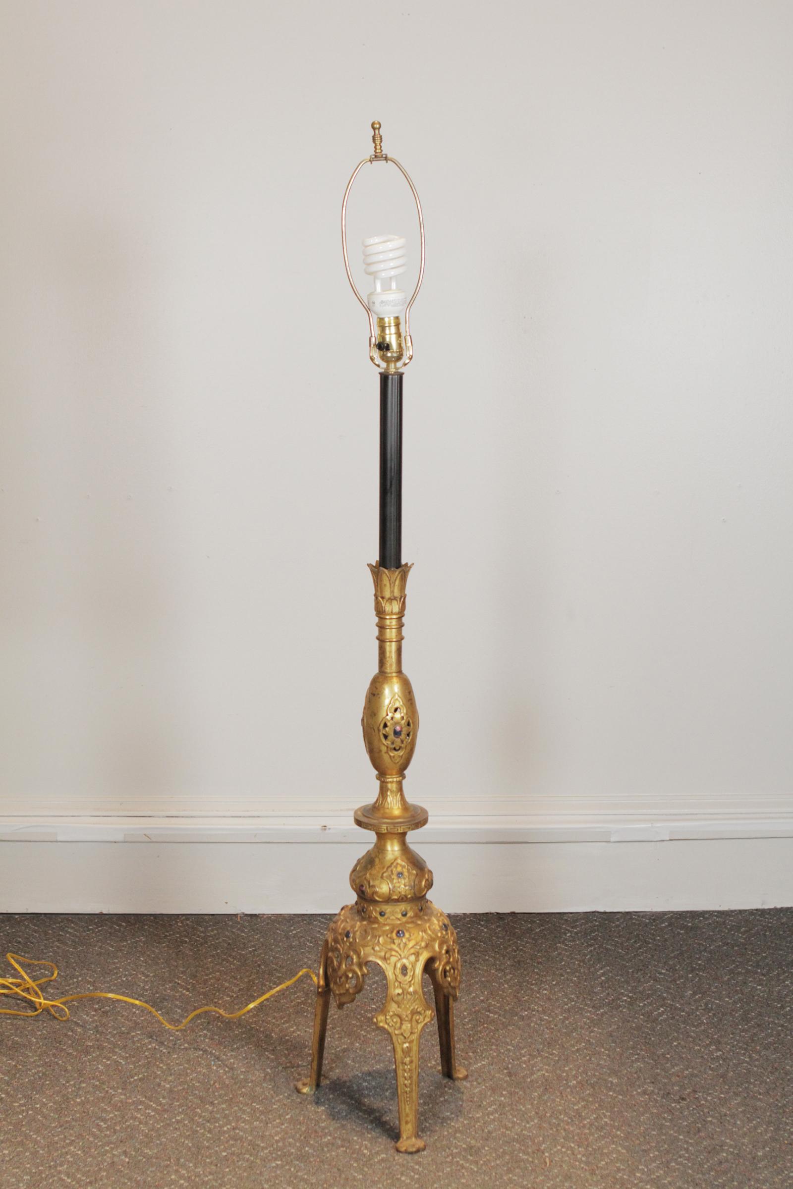 Indian Midcentury Pair of Middle Eastern Style Solid Brass with Stone Inlay Tall Lamps For Sale