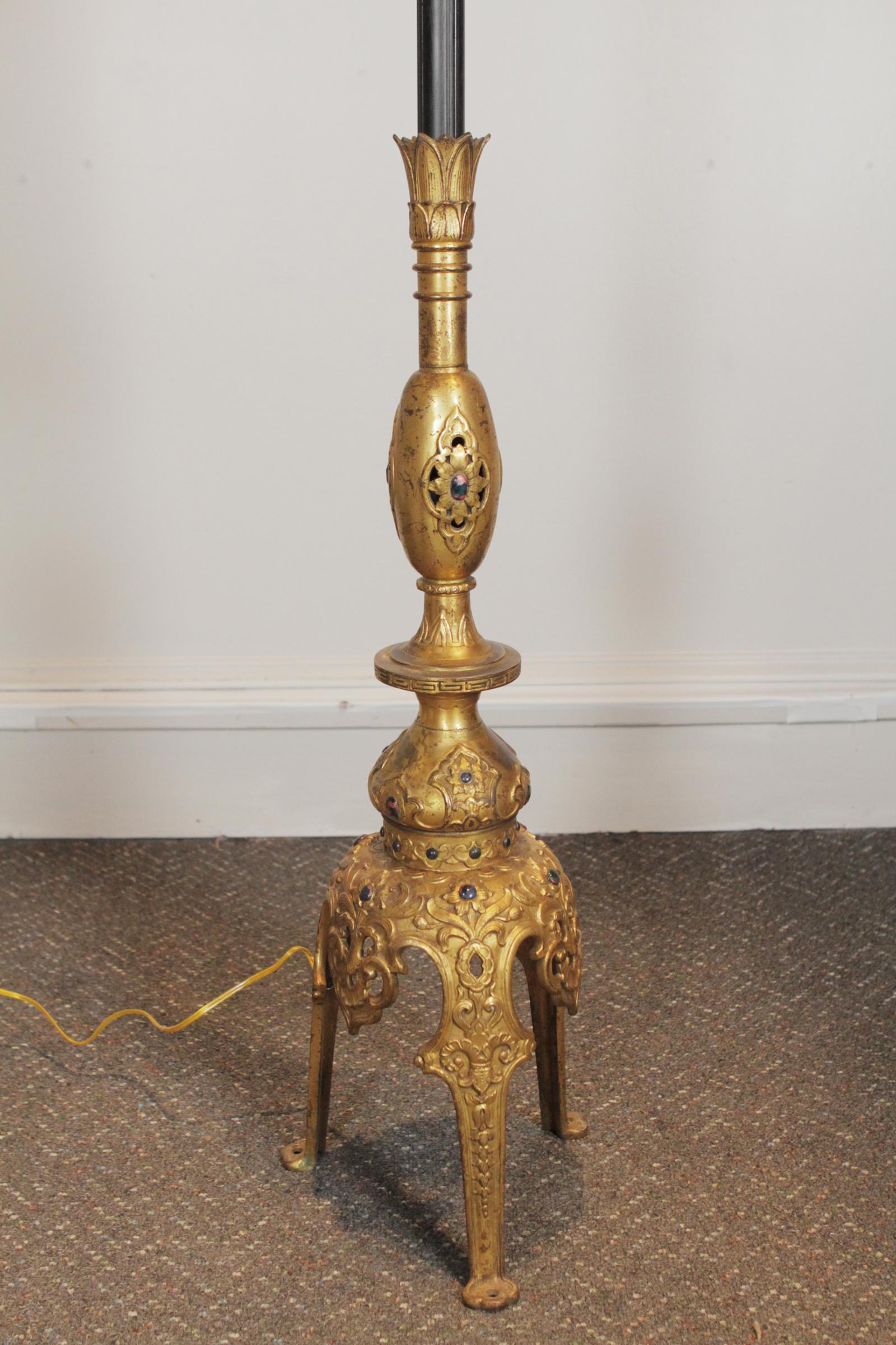 Midcentury Pair of Middle Eastern Style Solid Brass with Stone Inlay Tall Lamps In Good Condition For Sale In Lambertville, NJ