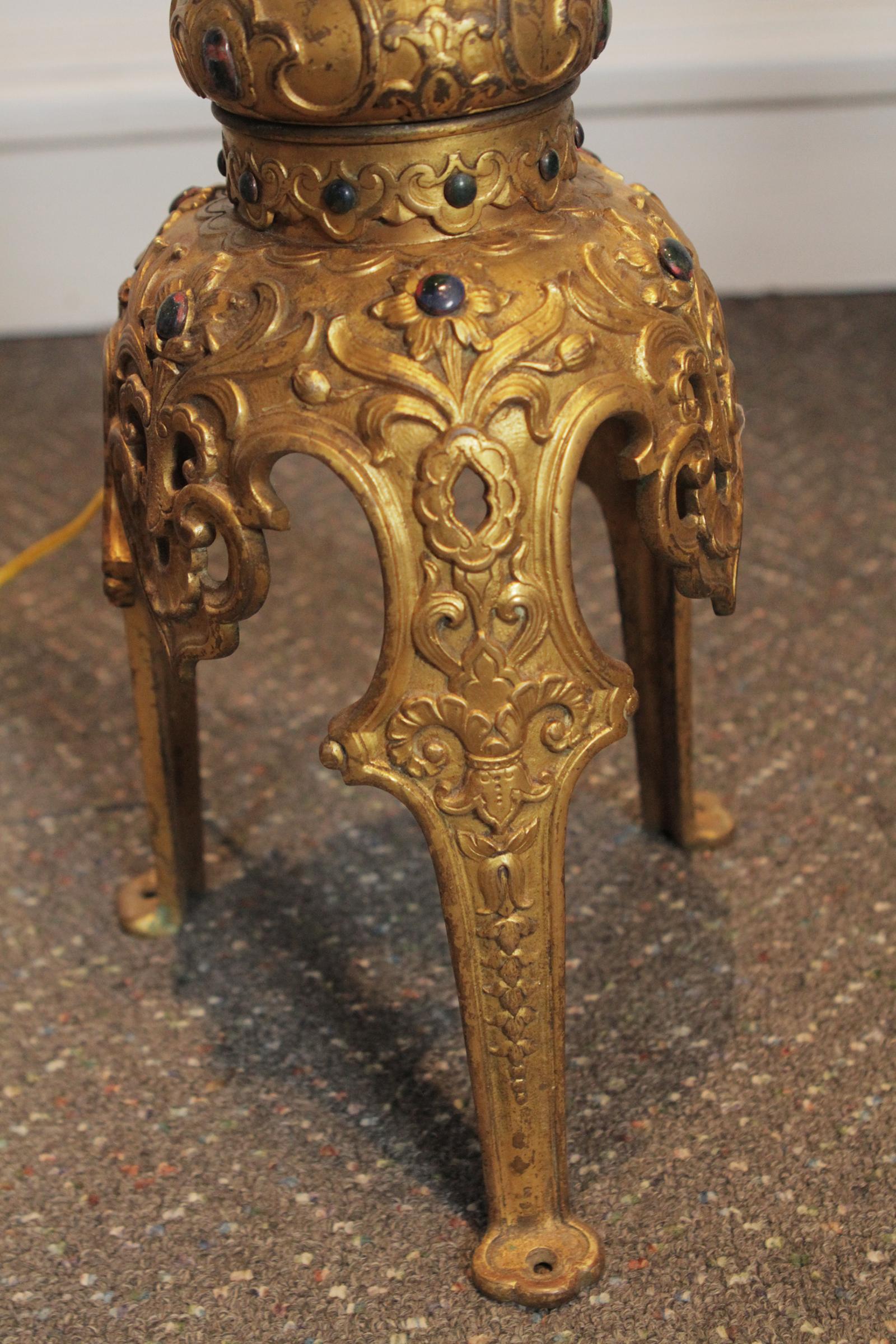 Midcentury Pair of Middle Eastern Style Solid Brass with Stone Inlay Tall Lamps 2