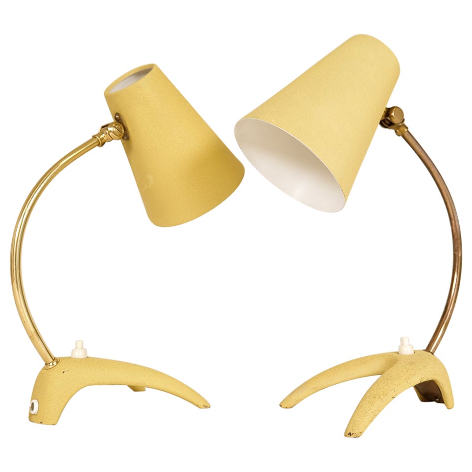 Midcentury Pair of Modern Brass and Metal Table Lamps Ewå, Sweden, 1950s