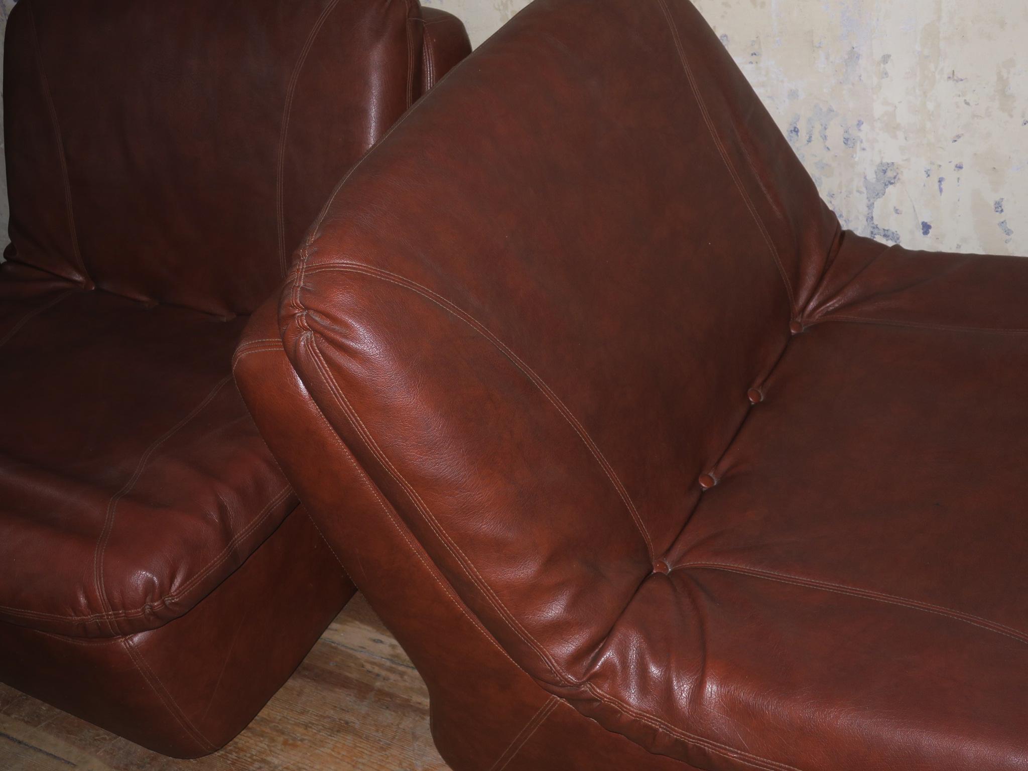 Mid-Century Modern Midcentury Pair of Modular Sofa Elements in Brown Leather For Sale