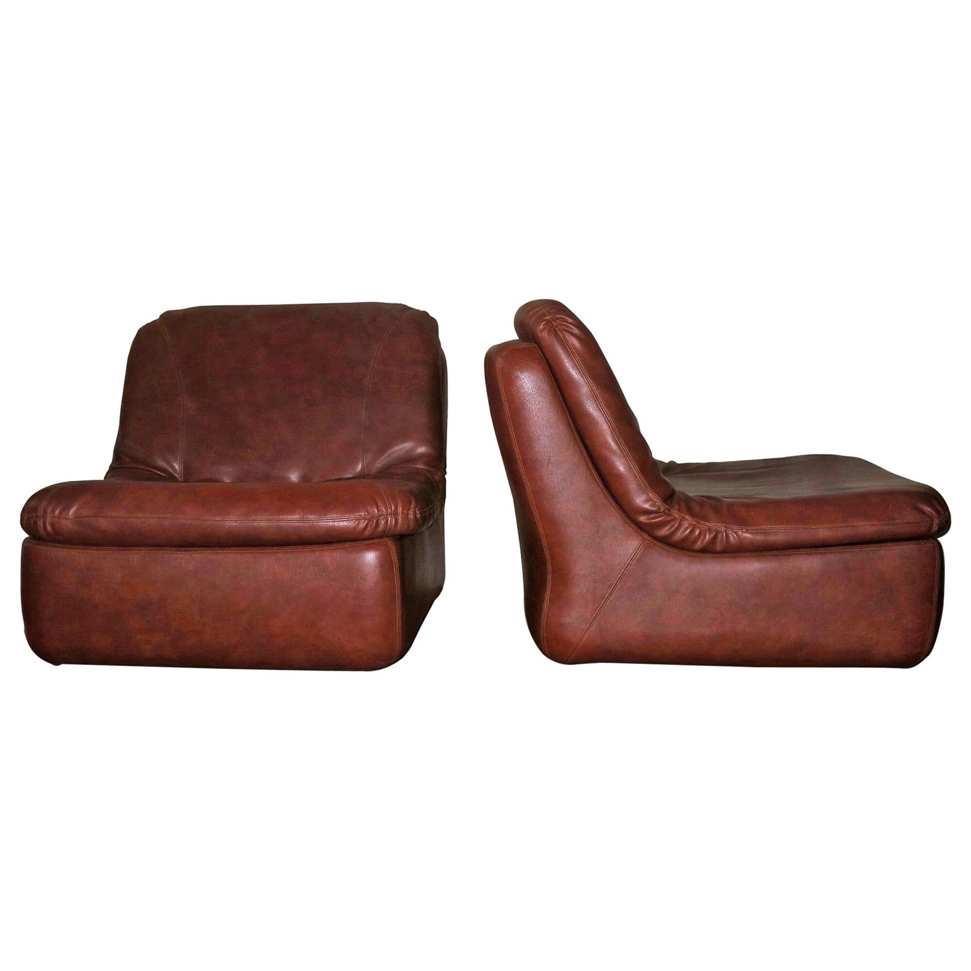 Midcentury Pair of Modular Sofa Elements in Brown Leather For Sale