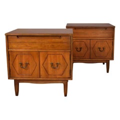 Used Midcentury Pair of Nightstands or End Tables Hexagon Paneled Design Brass Pulls