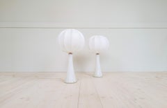 Midcentury Pair of Opaline Glass Table Lamps Cotton Shades Bergboms Sweden, 1960