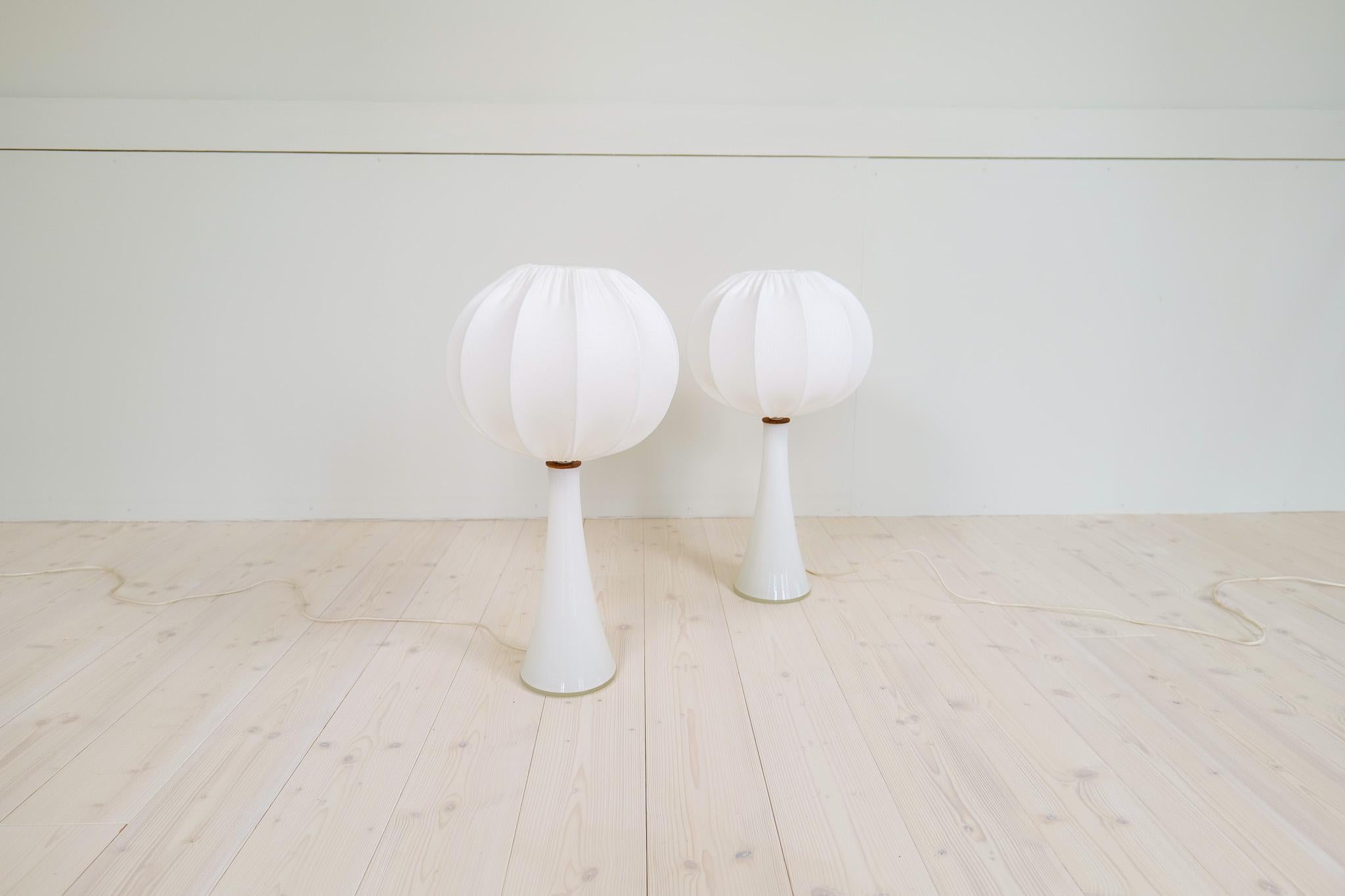 Scandinavian Modern Midcentury Pair of Opaline Glass Table Lamps Cotton Shades Bergboms Sweden, 1960 For Sale