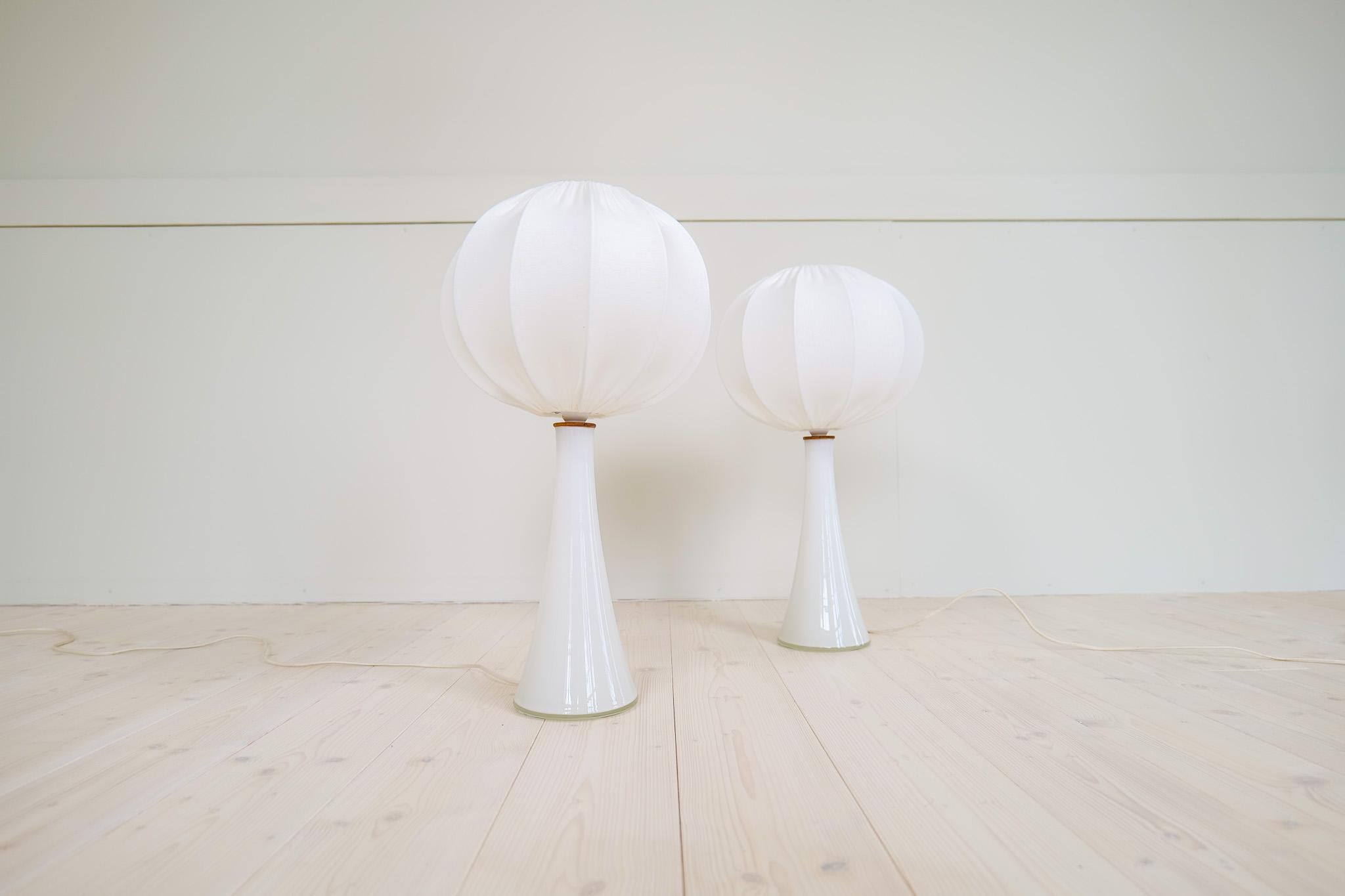 Swedish Midcentury Pair of Opaline Glass Table Lamps Cotton Shades Bergboms Sweden, 1960 For Sale