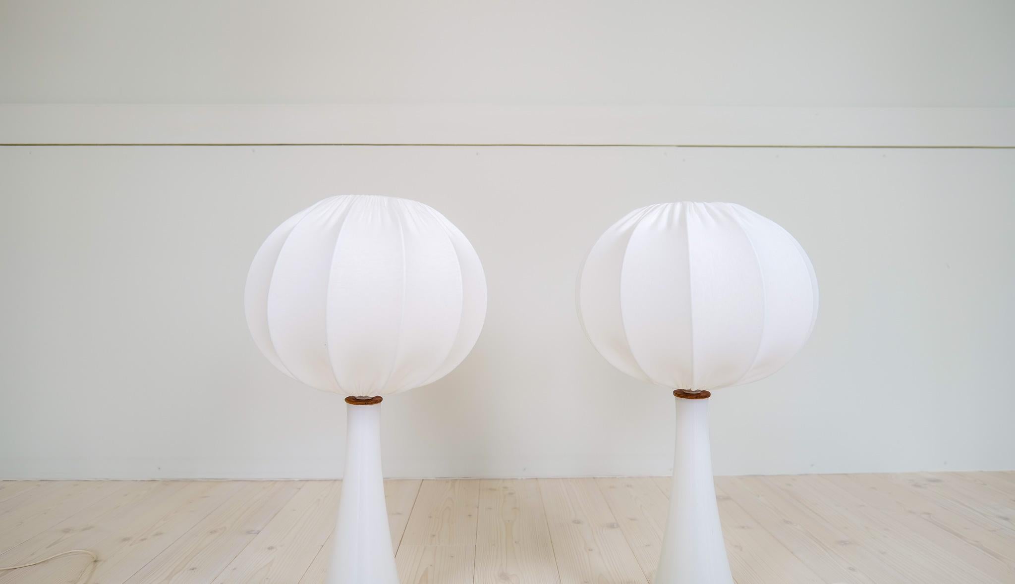Mid-20th Century Midcentury Pair of Opaline Glass Table Lamps Cotton Shades Bergboms Sweden, 1960 For Sale
