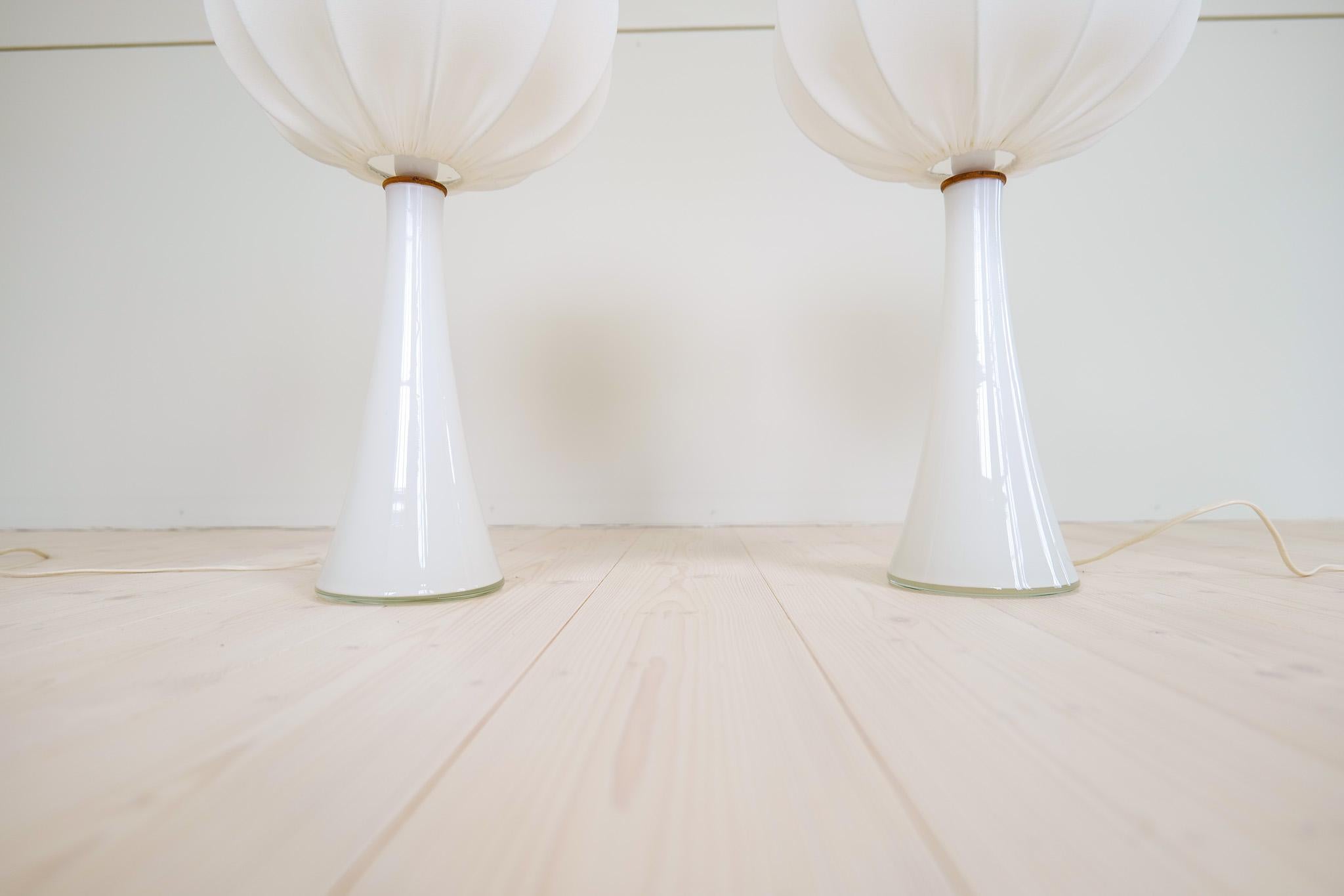 Midcentury Pair of Opaline Glass Table Lamps Cotton Shades Bergboms Sweden, 1960 For Sale 1