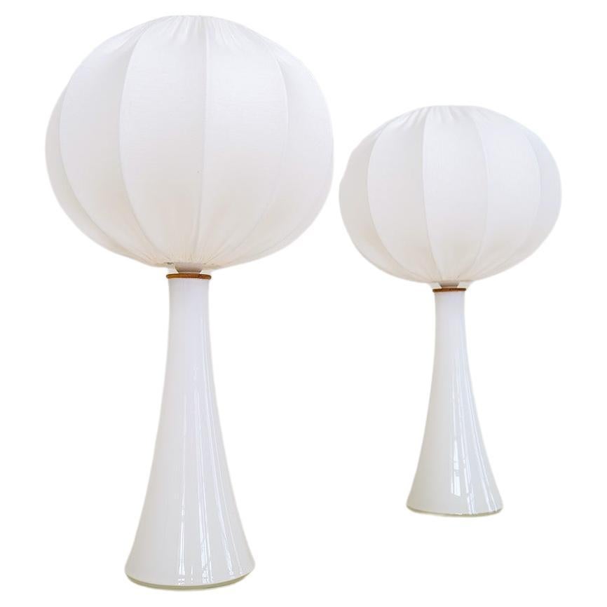 Midcentury Pair of Opaline Glass Table Lamps Cotton Shades Bergboms Sweden, 1960 For Sale