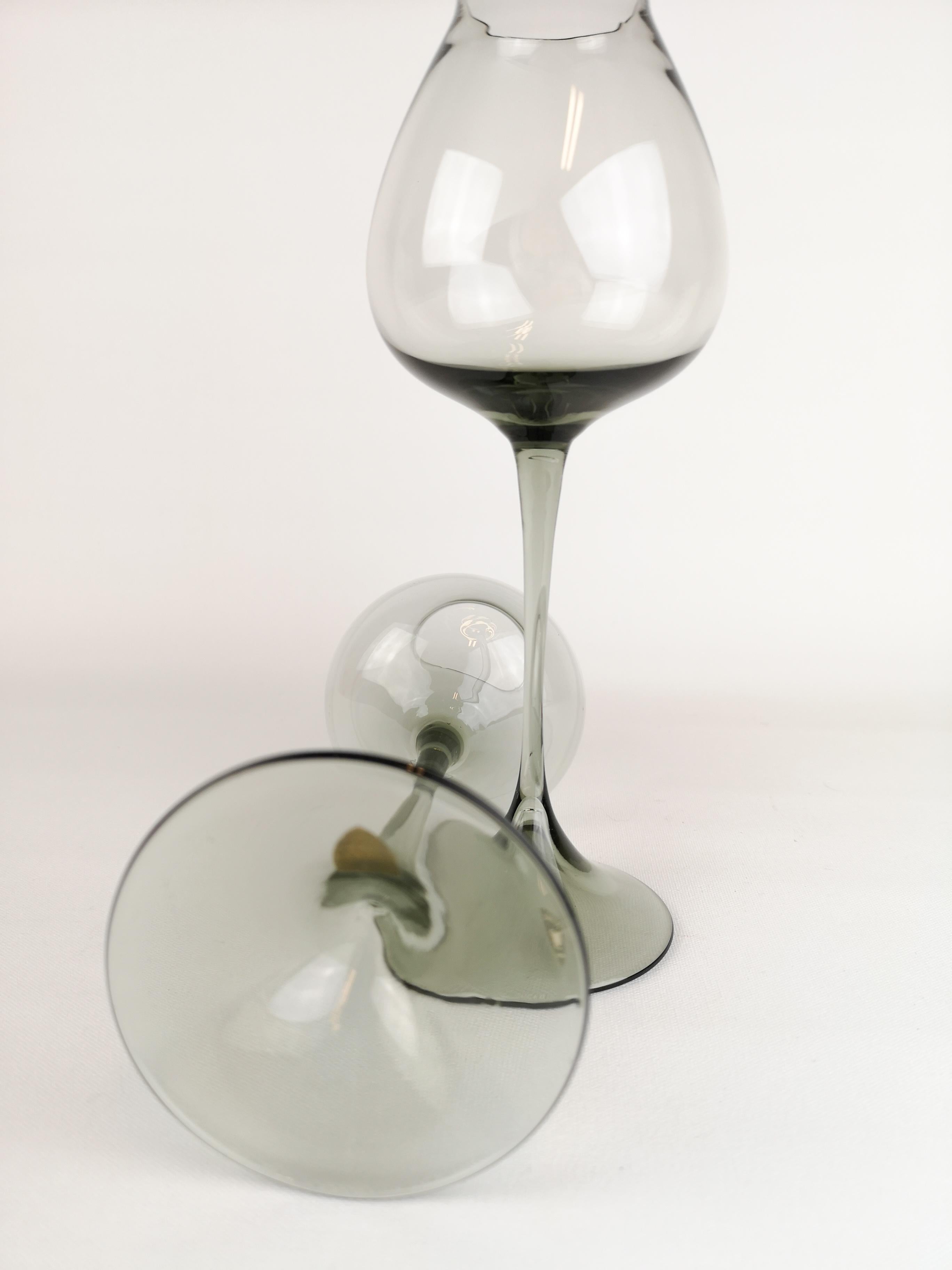 Art Glass Midcentury Pair of Orrefors Tulip, Grey-Tinted Glass Nils Landberg