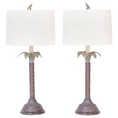 Midcentury Pair of Palm Tree Tole Table Lamps