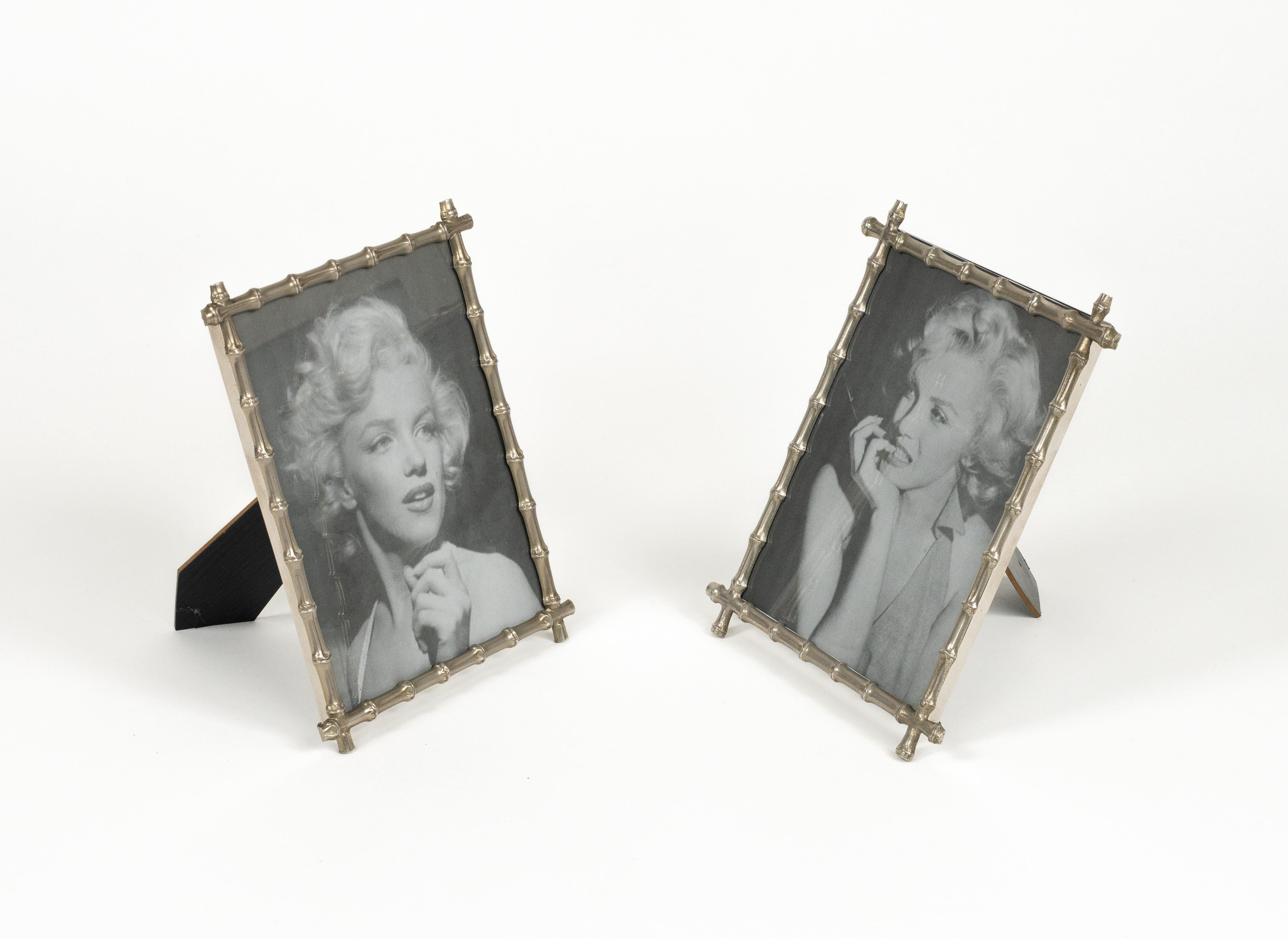Mid-Century Modern Midcentury Pair of Picture Frame in Faux Bamboo Silvered, Italy, 1970s For Sale