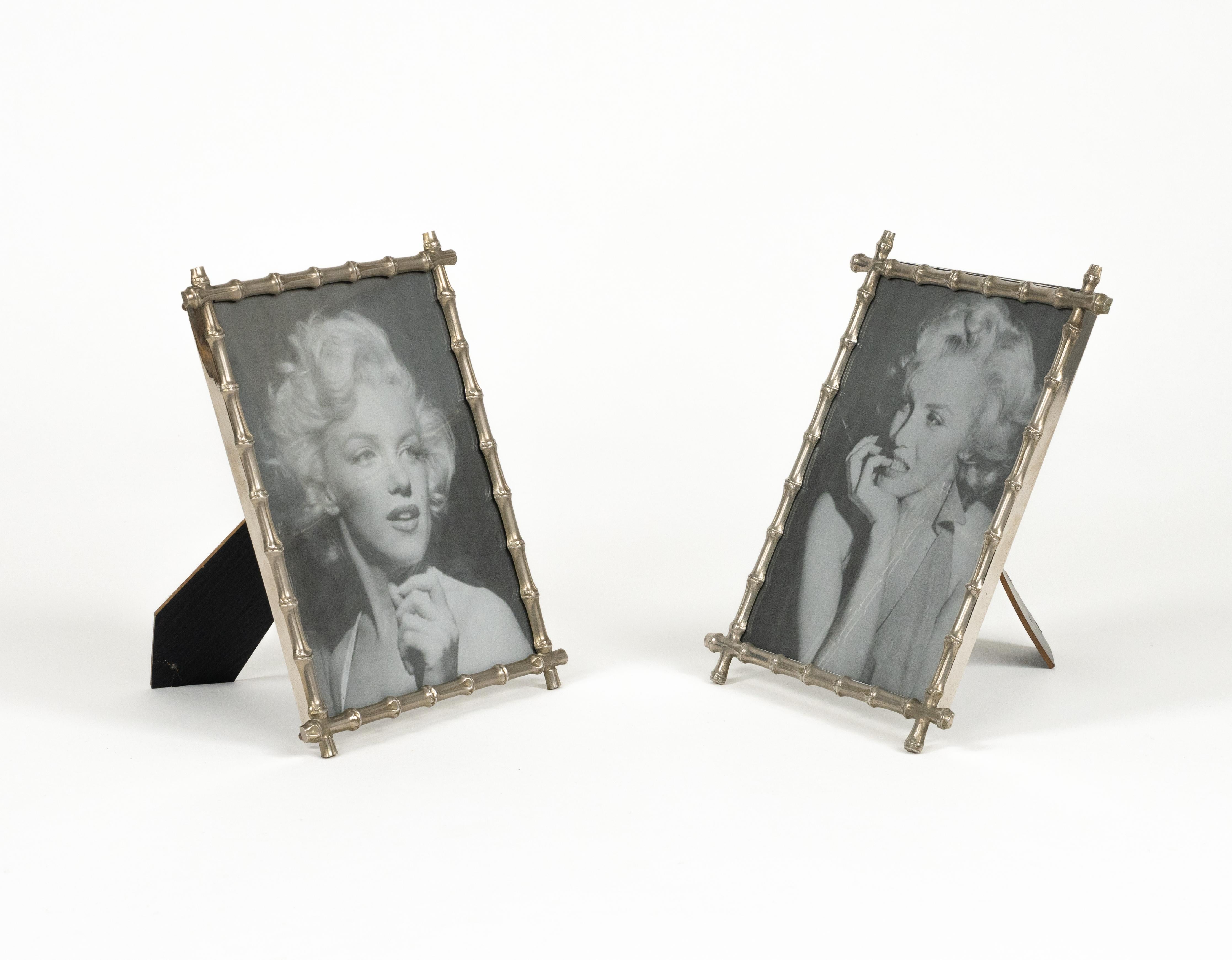 Italian Midcentury Pair of Picture Frame in Faux Bamboo Silvered, Italy, 1970s For Sale