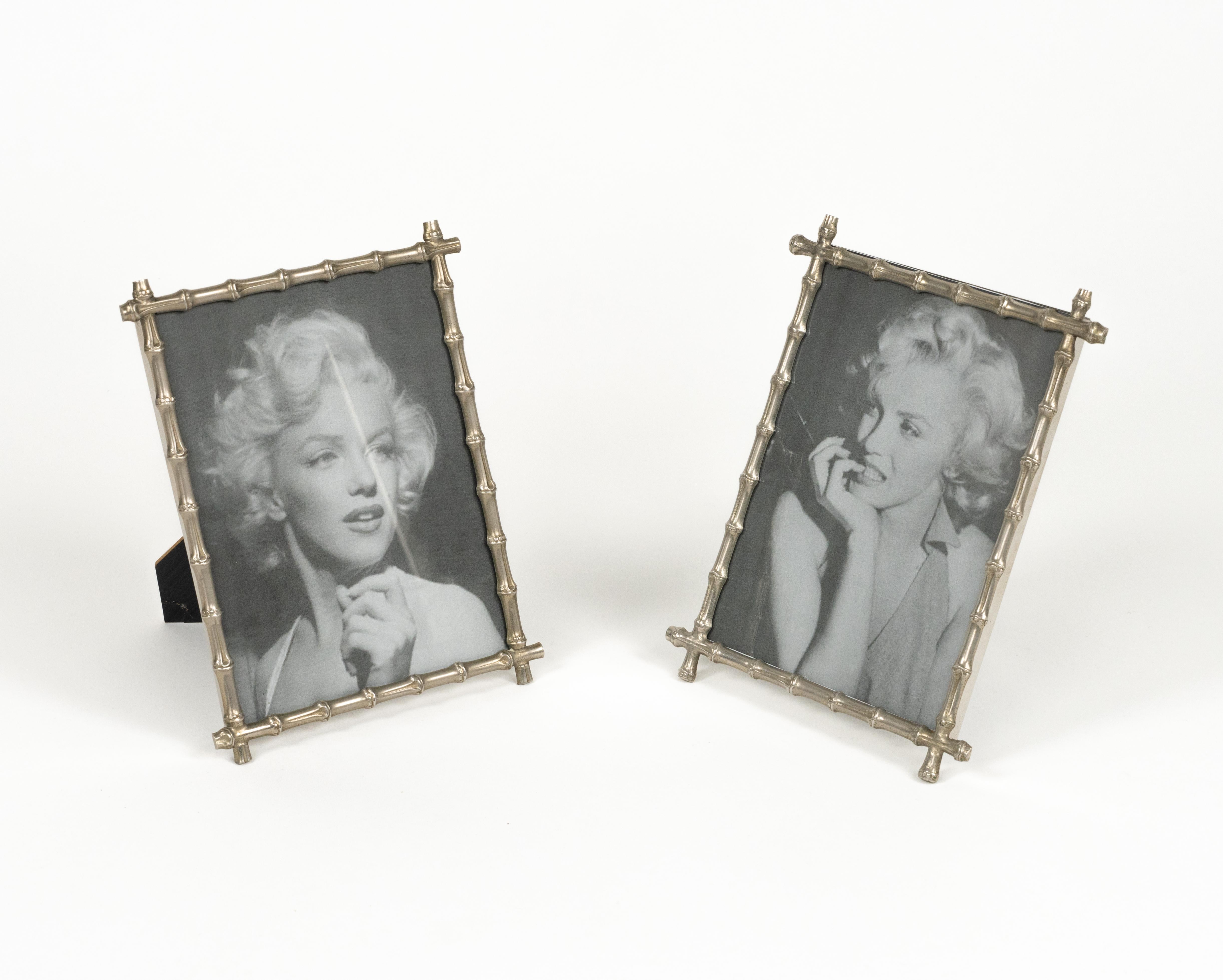 Late 20th Century Midcentury Pair of Picture Frame in Faux Bamboo Silvered, Italy, 1970s For Sale