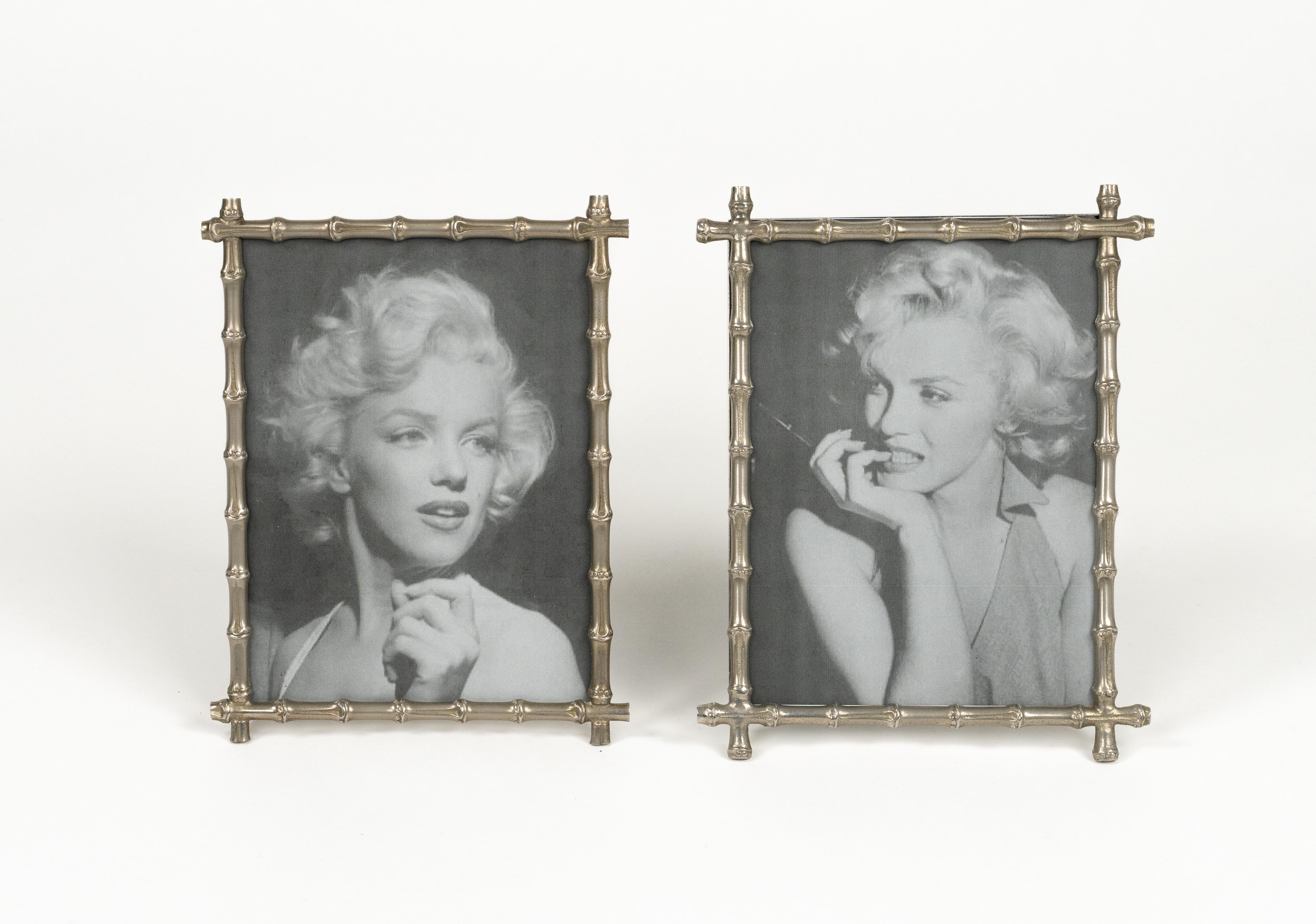 Metal Midcentury Pair of Picture Frame in Faux Bamboo Silvered, Italy, 1970s For Sale