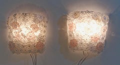 Midcentury Pair of Pink and White Flower Wall Sconces Murano, Italy
