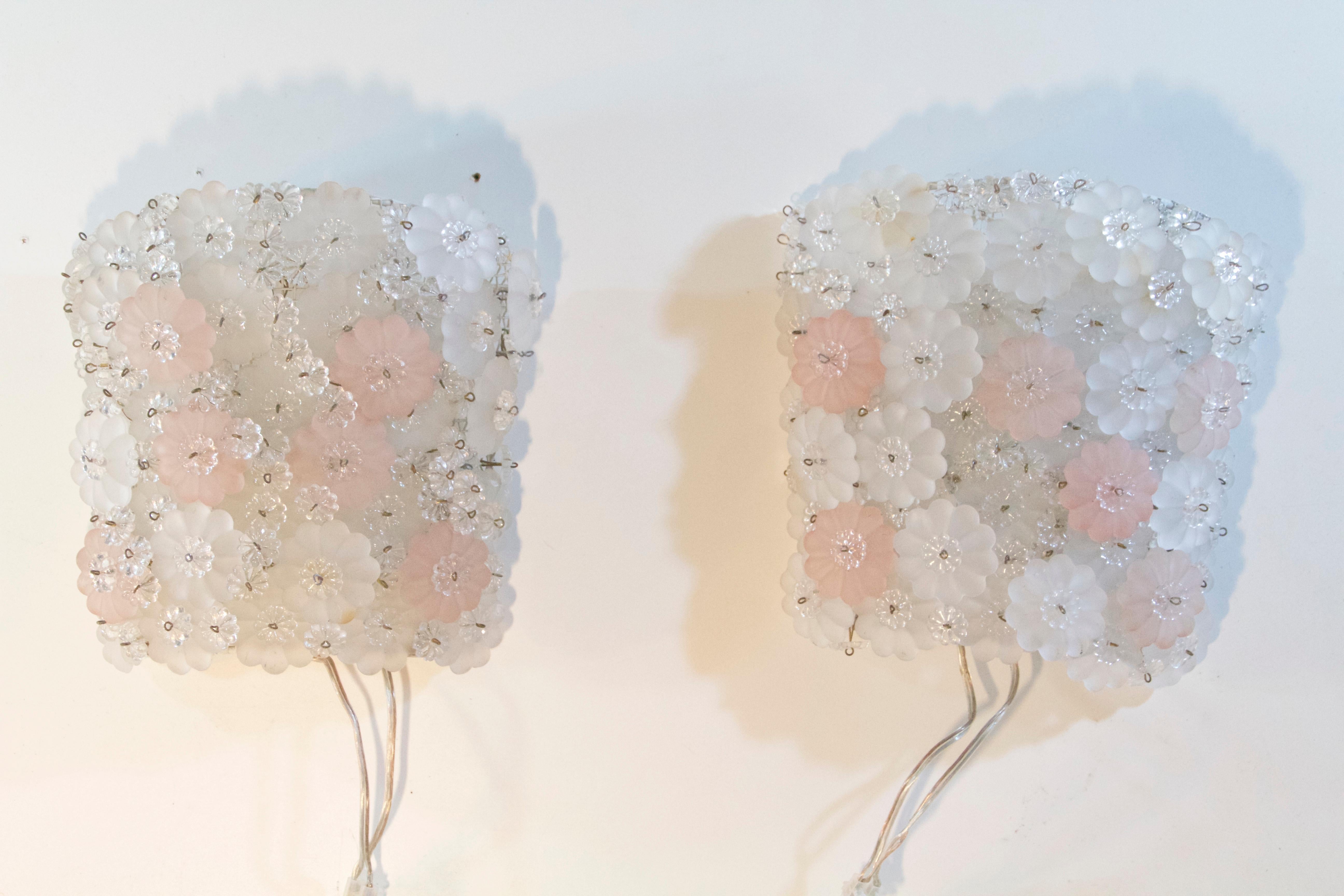 Mid-Century Modern Midcentury Pair of Pink and White Flower Wall Sconces Murano, Italy