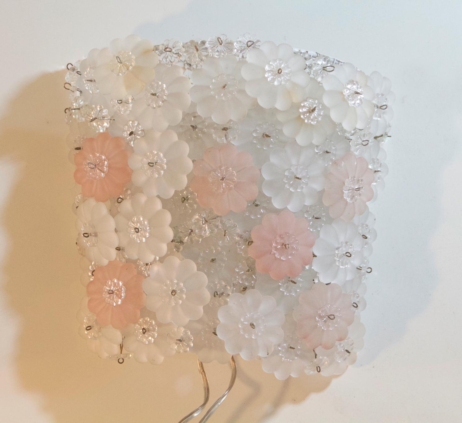 Italian Midcentury Pair of Pink and White Flower Wall Sconces Murano, Italy