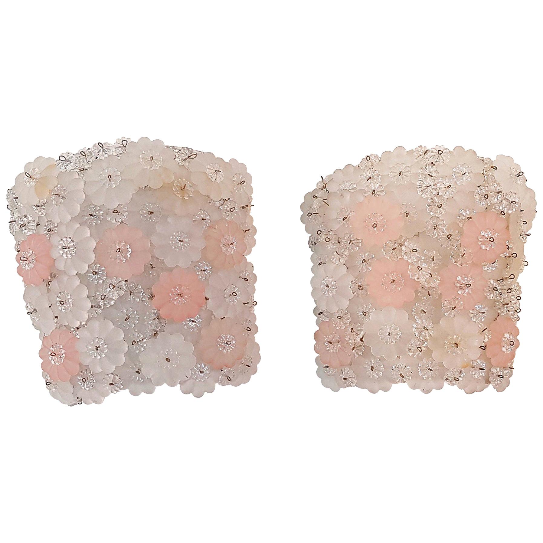 Midcentury Pair of Pink and White Flower Wall Sconces Murano, Italy
