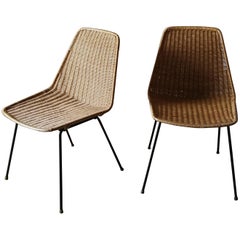 Midcentury Pair of Rattan and Black Metal Chairs