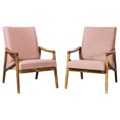 Midcentury Pair of Re-Upholstered Armchairs with Straight Arms and Cross Frame