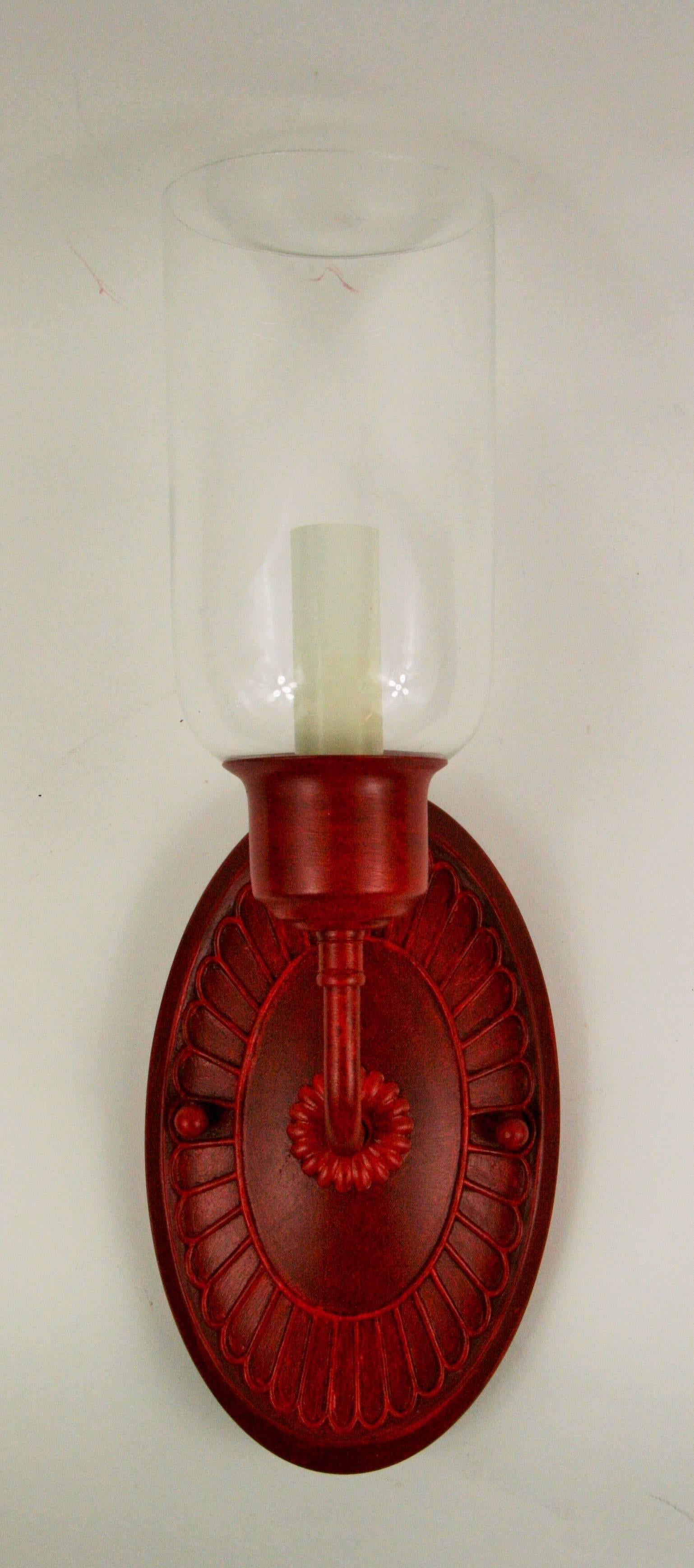 2-4007 pair of hand painted red brass sconces with clear glass hurricane shade.
Takes one 60 watt candelabra base bulb.