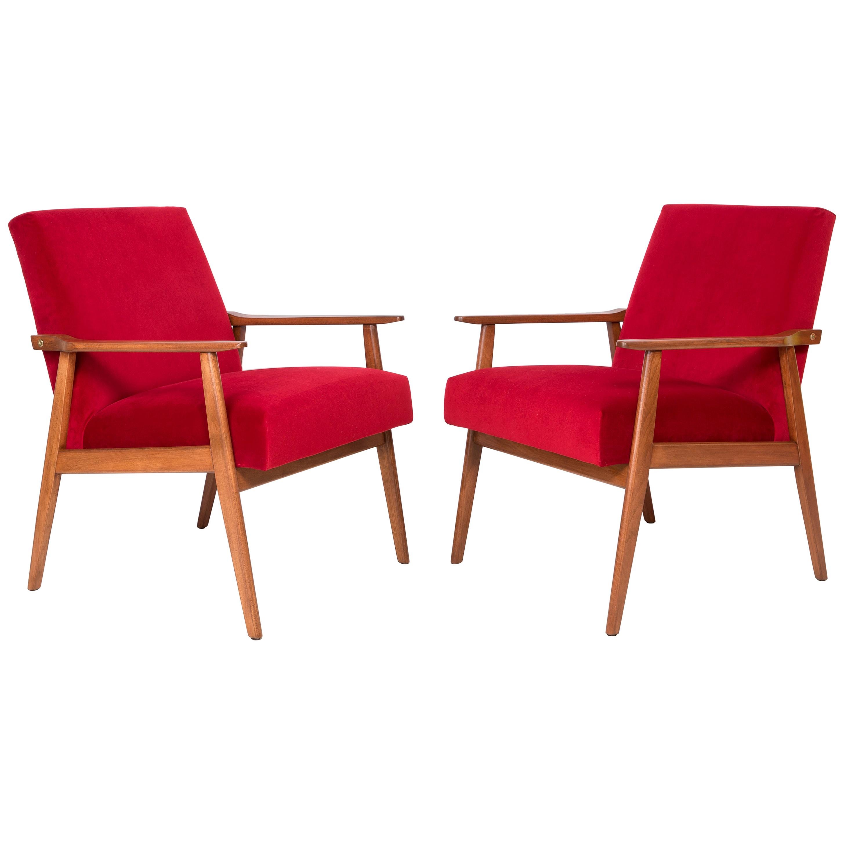 Midcentury Pair of Red Velvet Dante Armchairs, 1960s For Sale