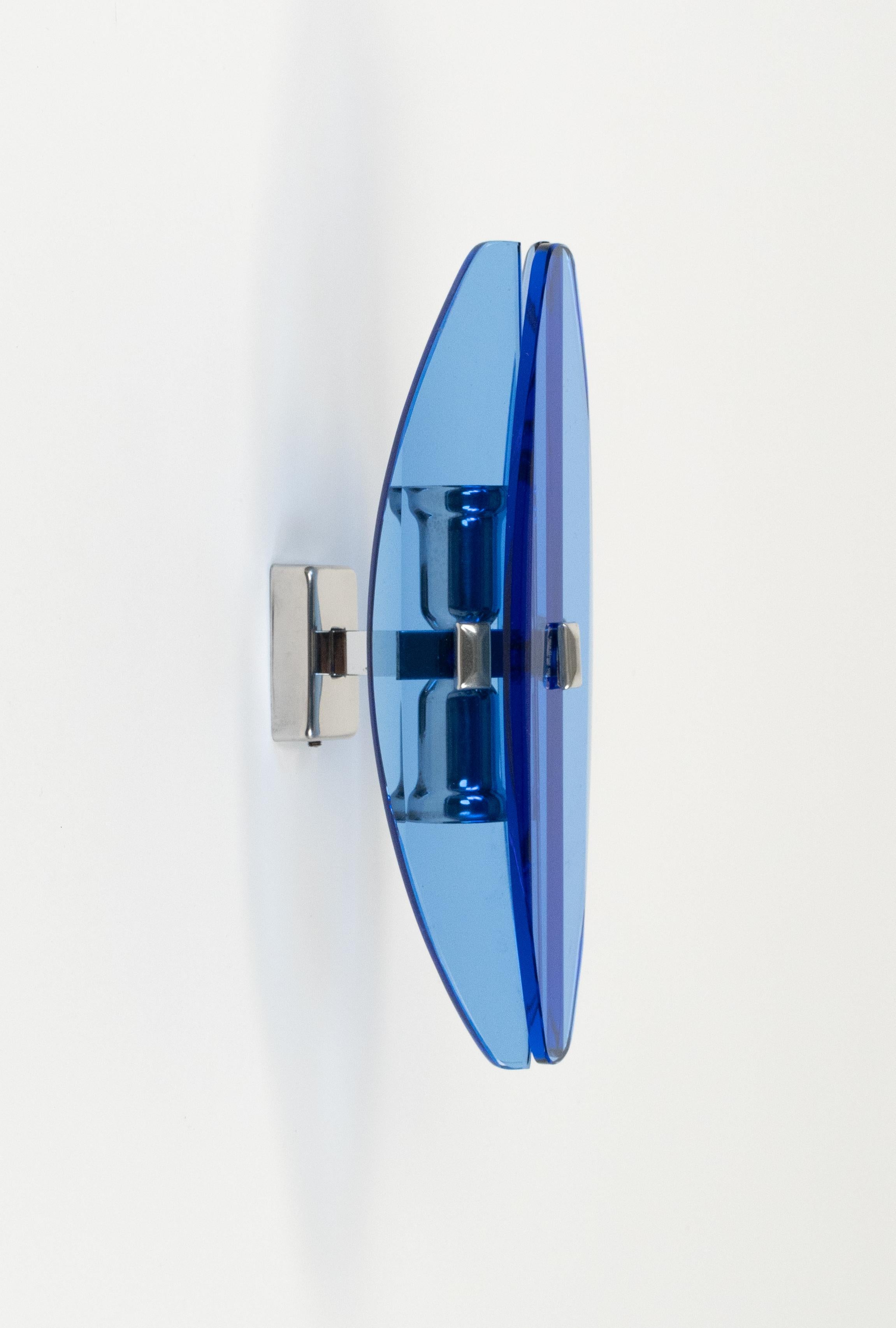 Midcentury Pair of Sconces Blue Glass and Chrome by Veca, Italy 1960s For Sale 3