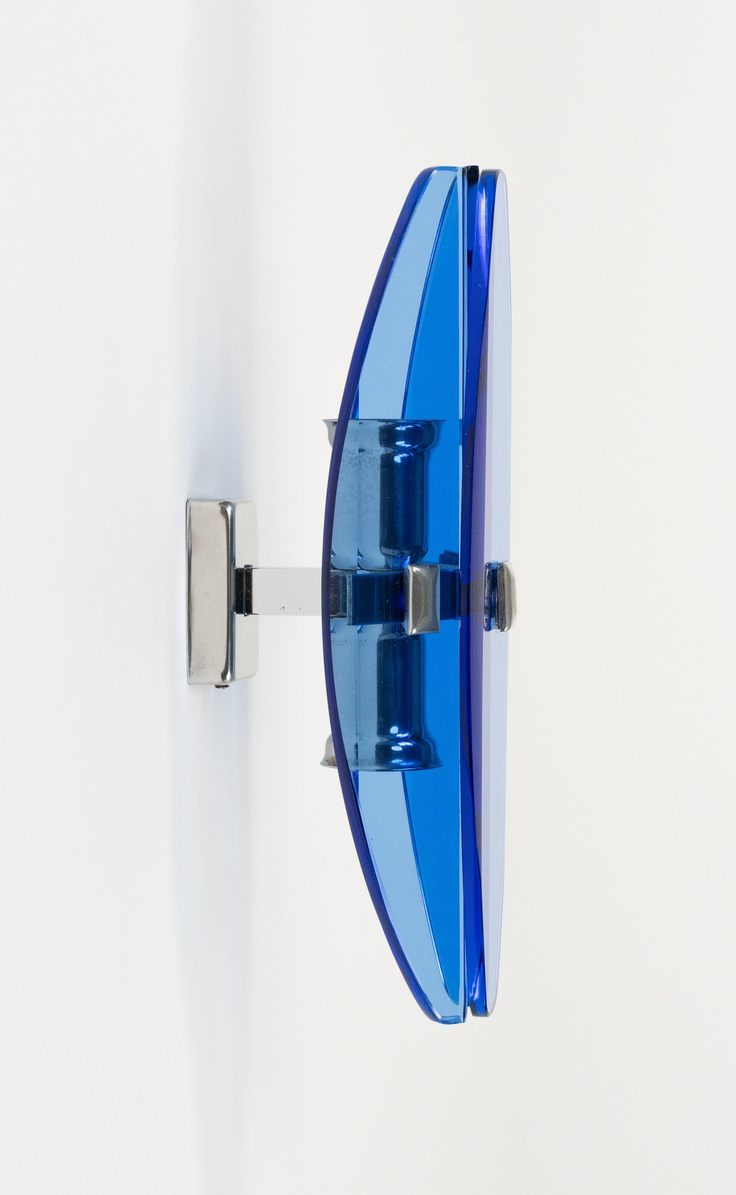 Midcentury Pair of Sconces Blue Glass and Chrome by Veca, Italy 1960s For Sale 4