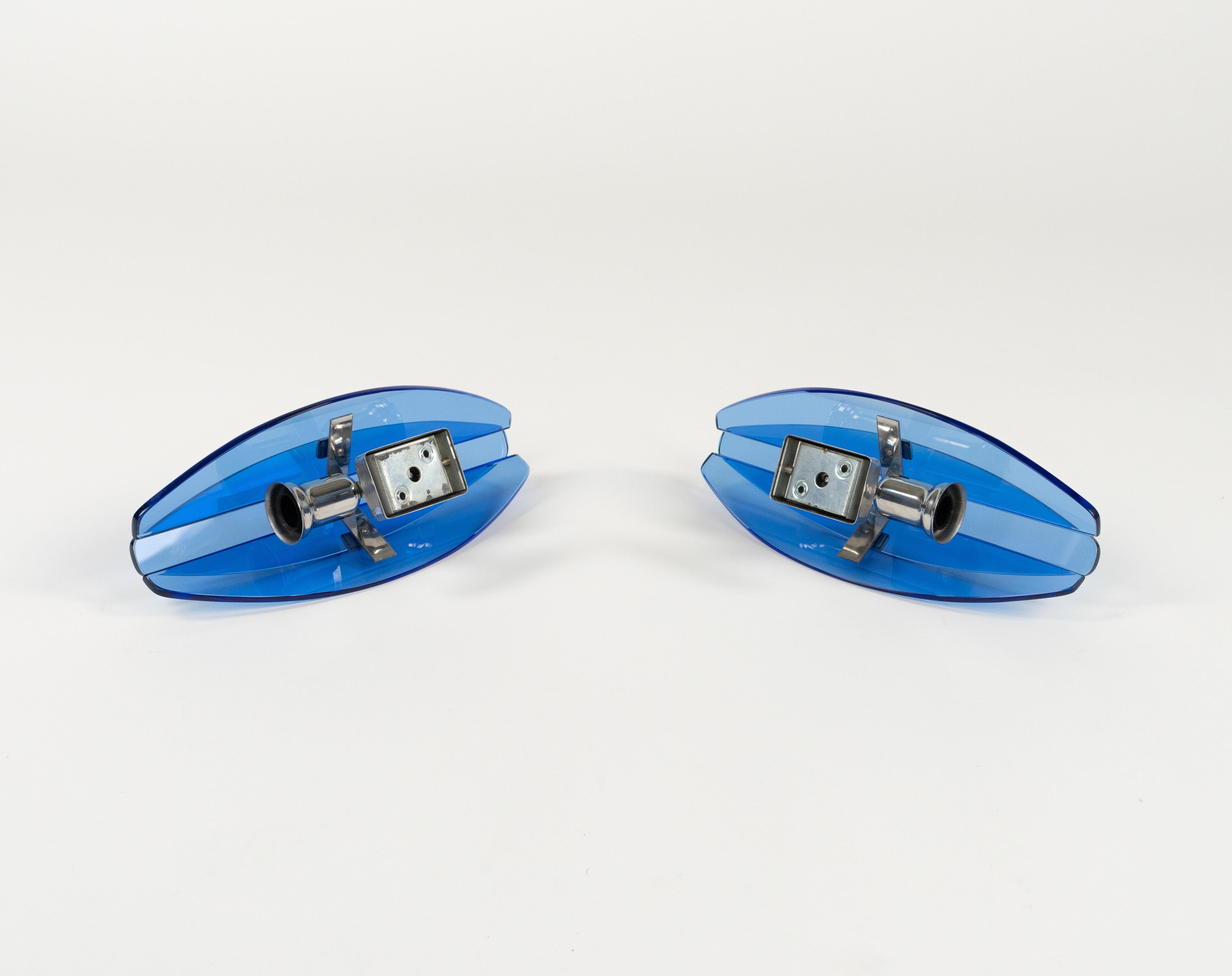 Midcentury Pair of Sconces Blue Glass and Chrome by Veca, Italy 1960s For Sale 5
