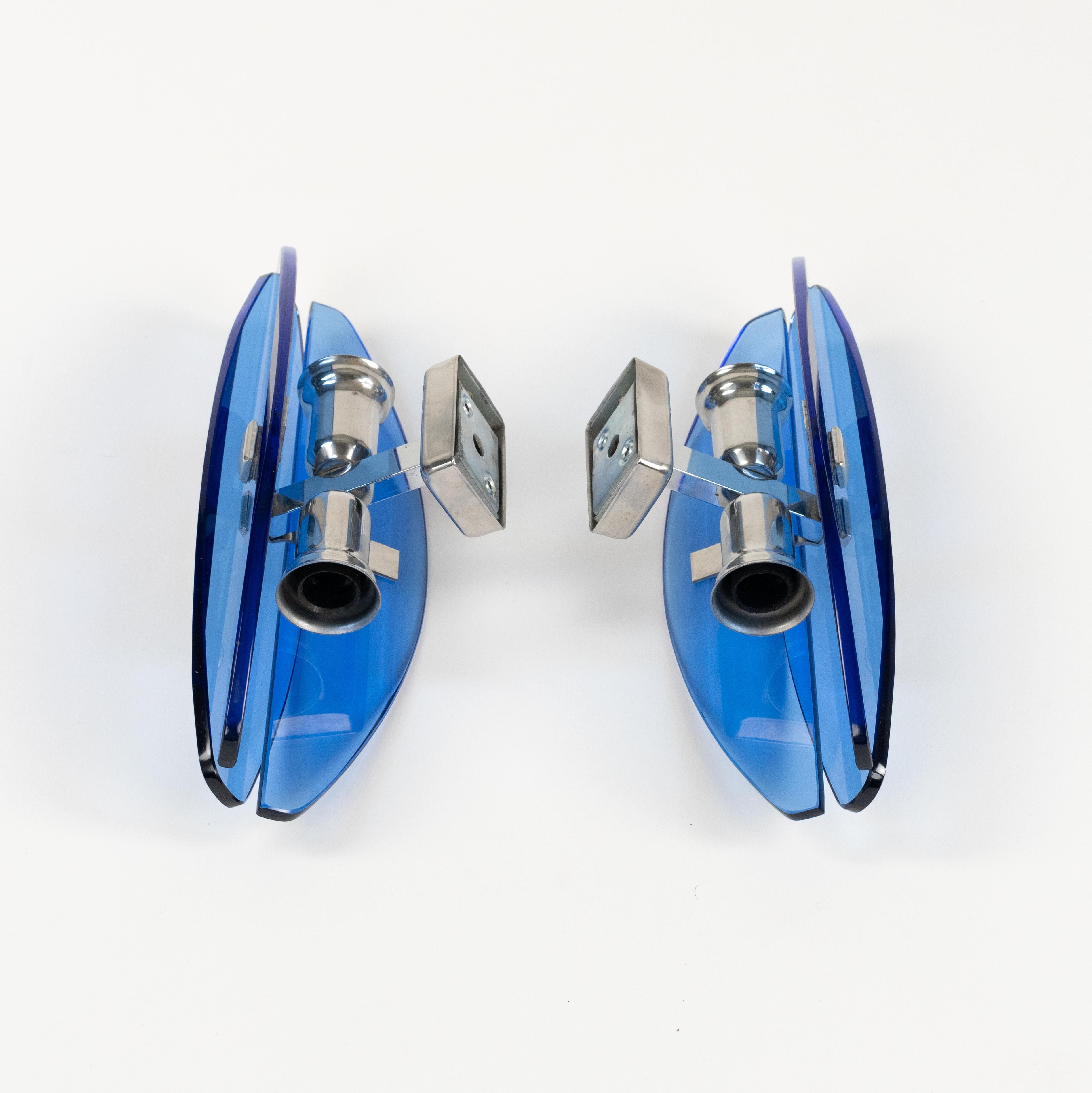 Midcentury Pair of Sconces Blue Glass and Chrome by Veca, Italy 1960s For Sale 6
