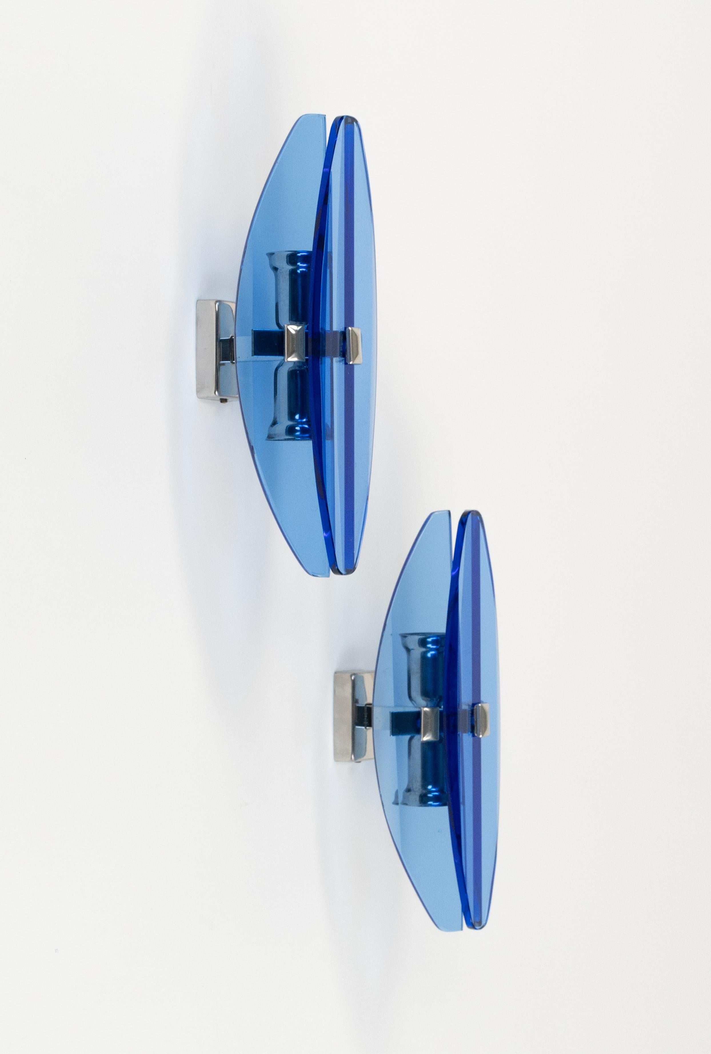 Mid-Century Modern Midcentury Pair of Sconces Blue Glass and Chrome by Veca, Italy 1960s For Sale