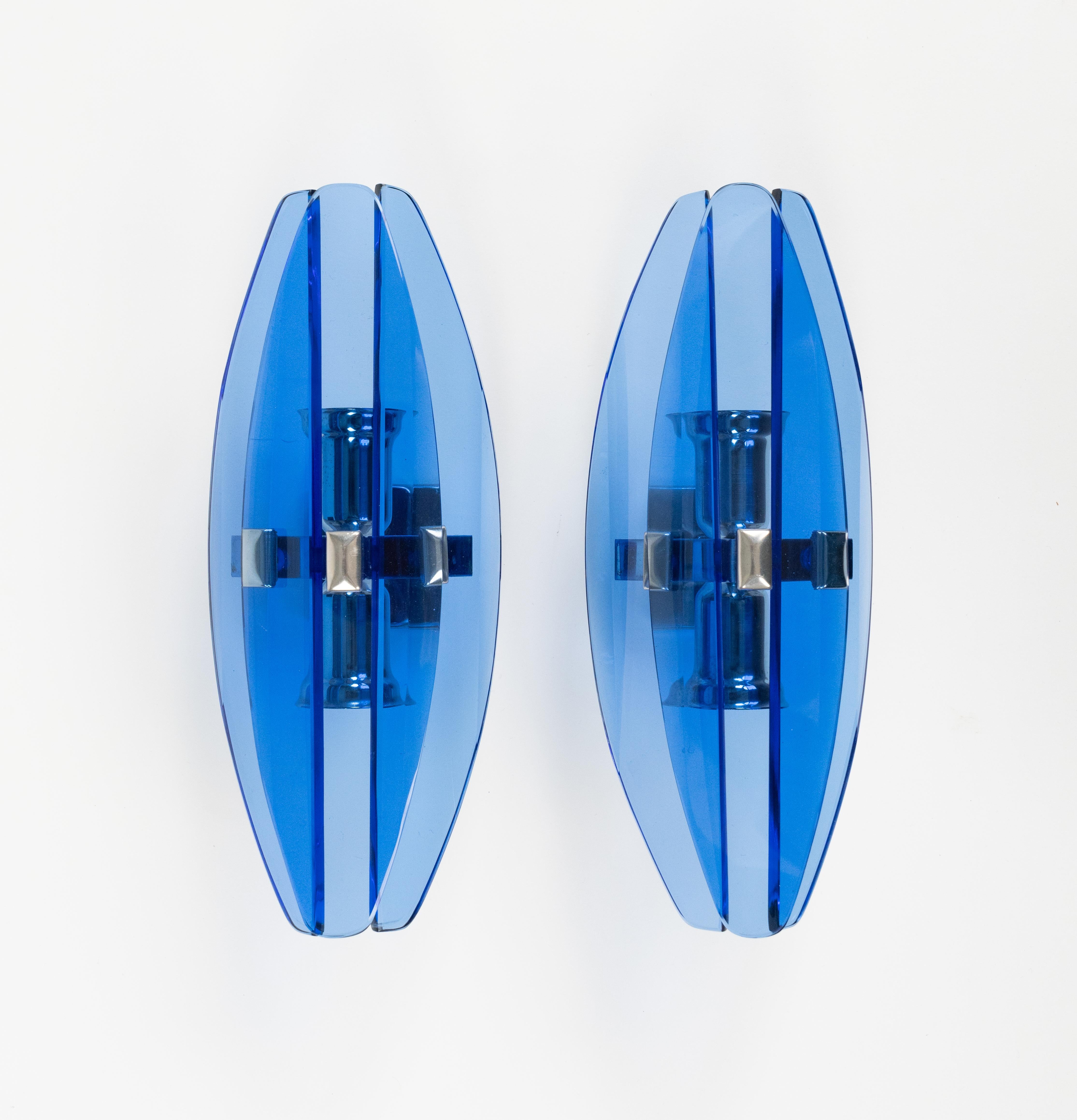 Mid-20th Century Midcentury Pair of Sconces Blue Glass and Chrome by Veca, Italy 1960s For Sale