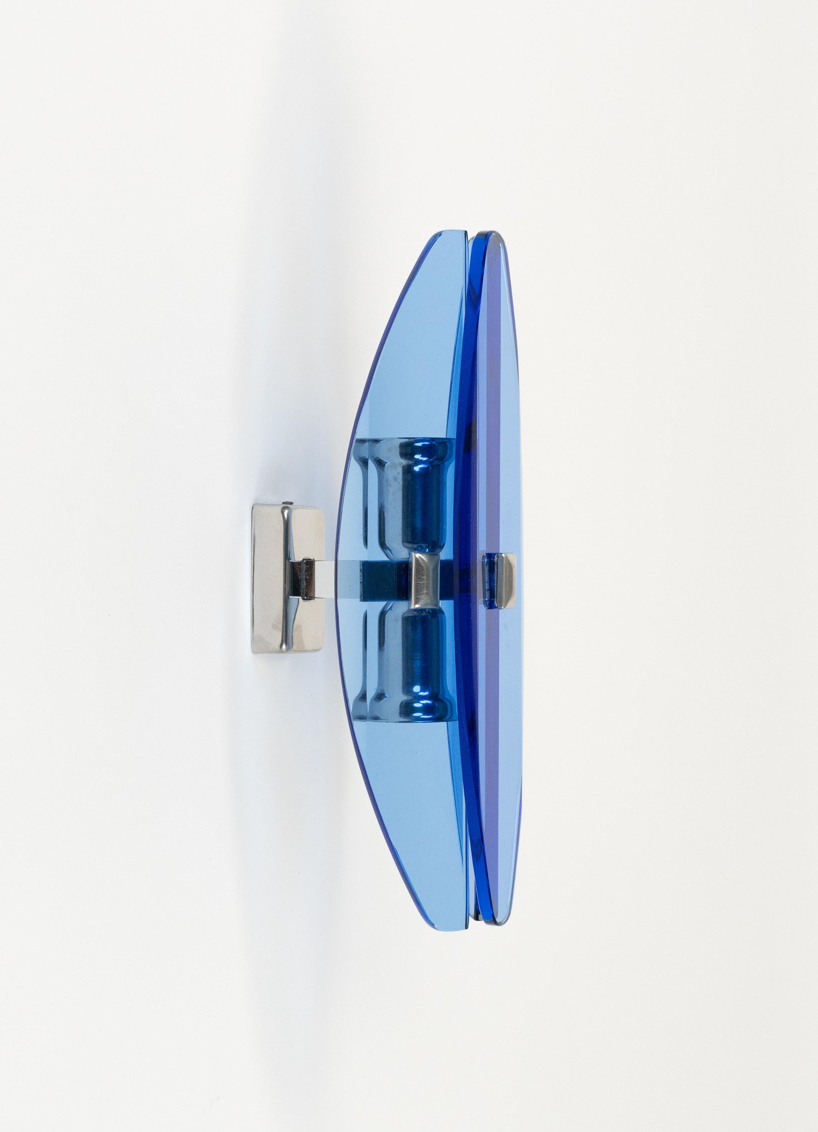 Metal Midcentury Pair of Sconces Blue Glass and Chrome by Veca, Italy 1960s For Sale