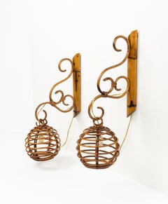 Midcentury Pair of Sconces in Bamboo and Rattan Louis Sognot Style, Italy 1960s