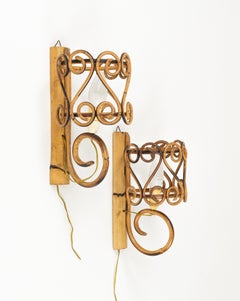 Midcentury Pair of Sconces in Bamboo and Rattan Louis Sognot Style, Italy 1960s