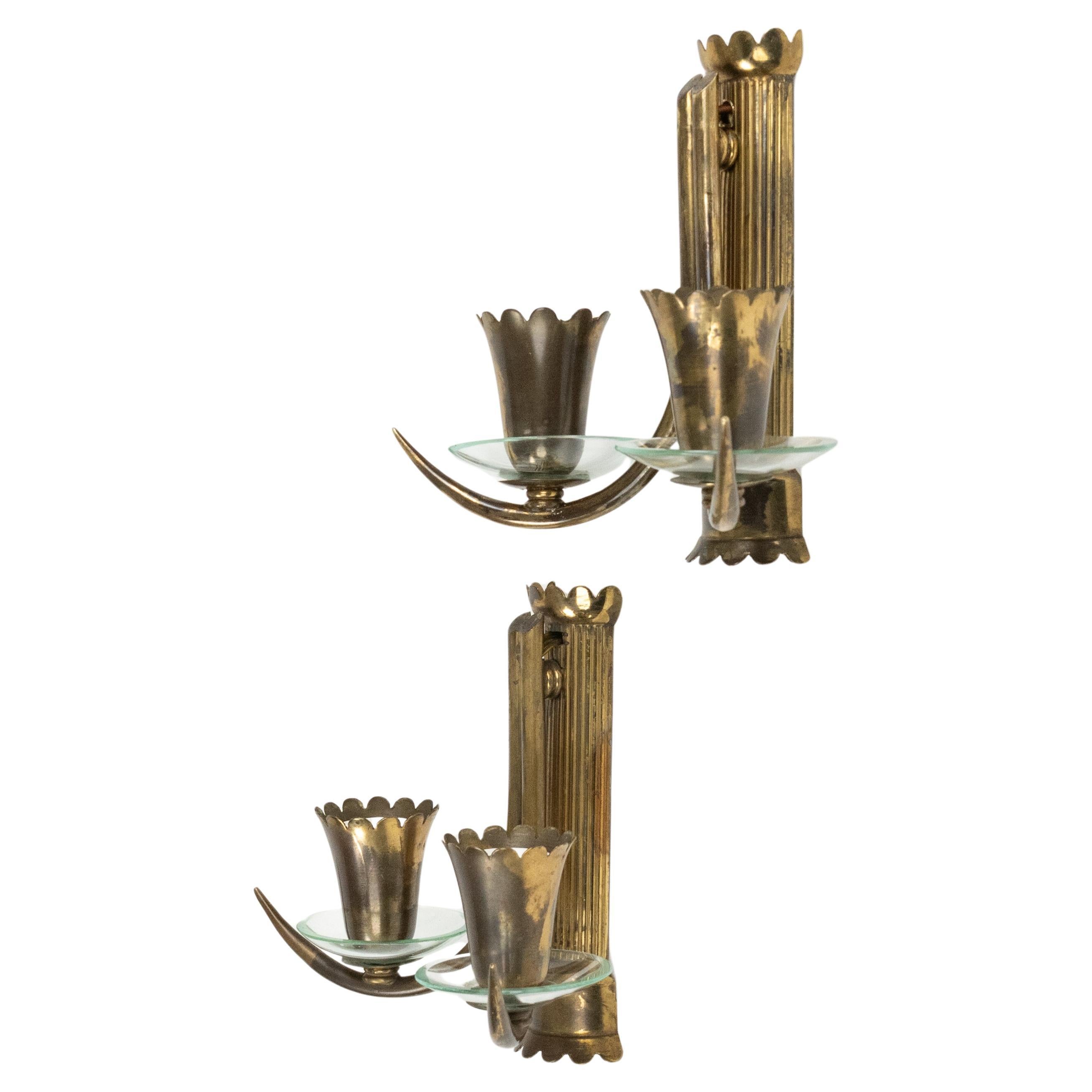 Midcentury Pair of Sconces in Brass and Glass Gio Ponti Style, Italy 1950s